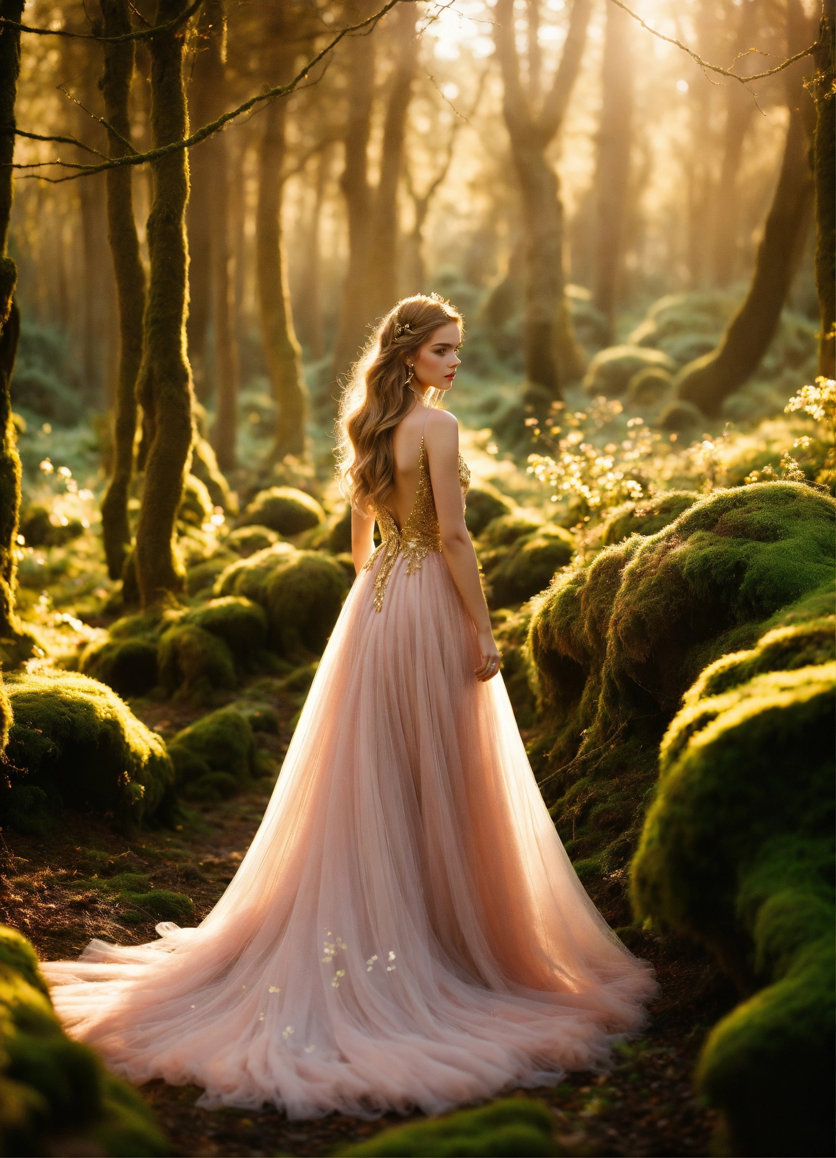 Lexica - Princess walking in the distance in a magical moss forest ...