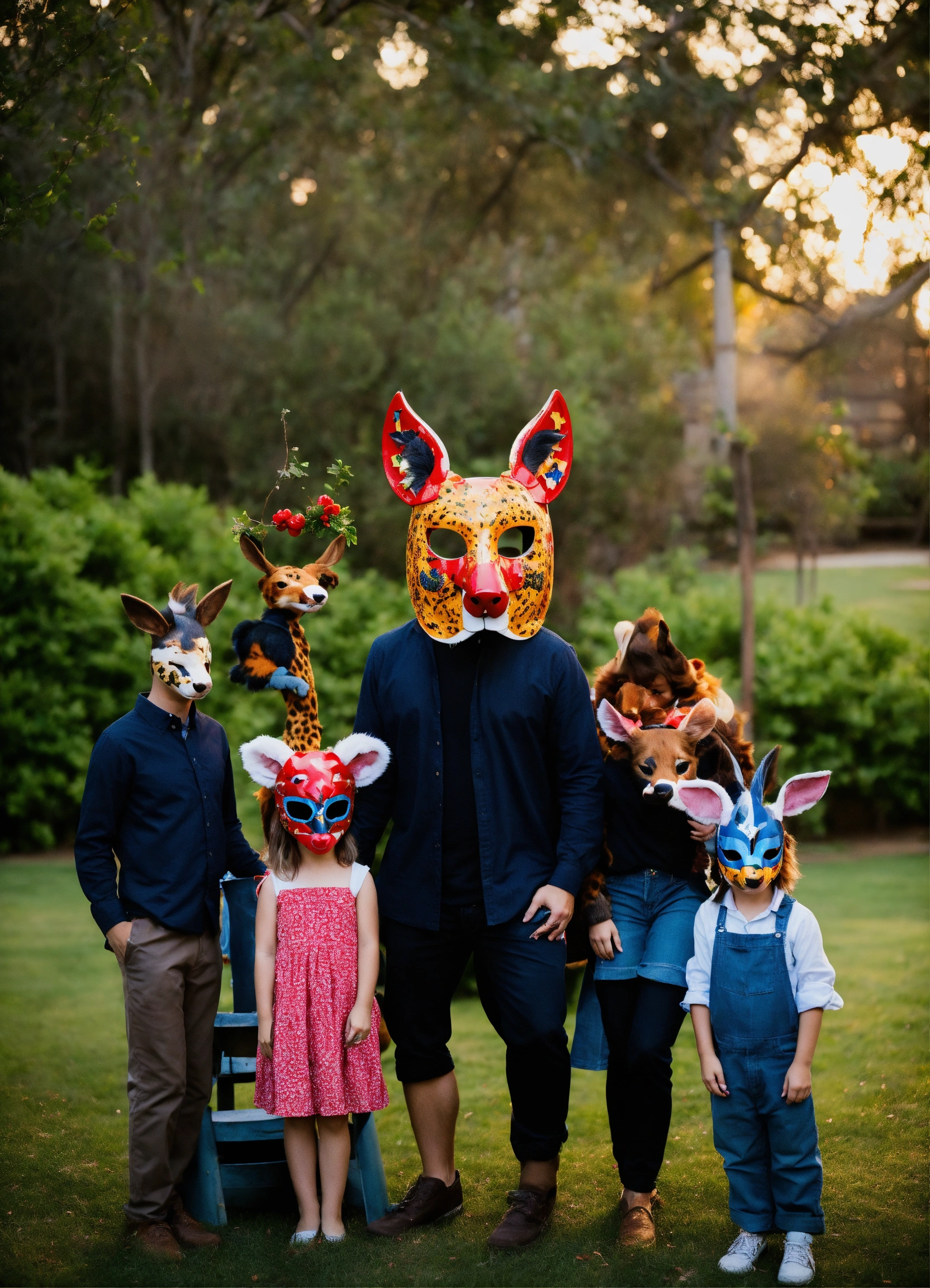 Lexica - Real animal mask family, backyard BBQ, dark light, photography