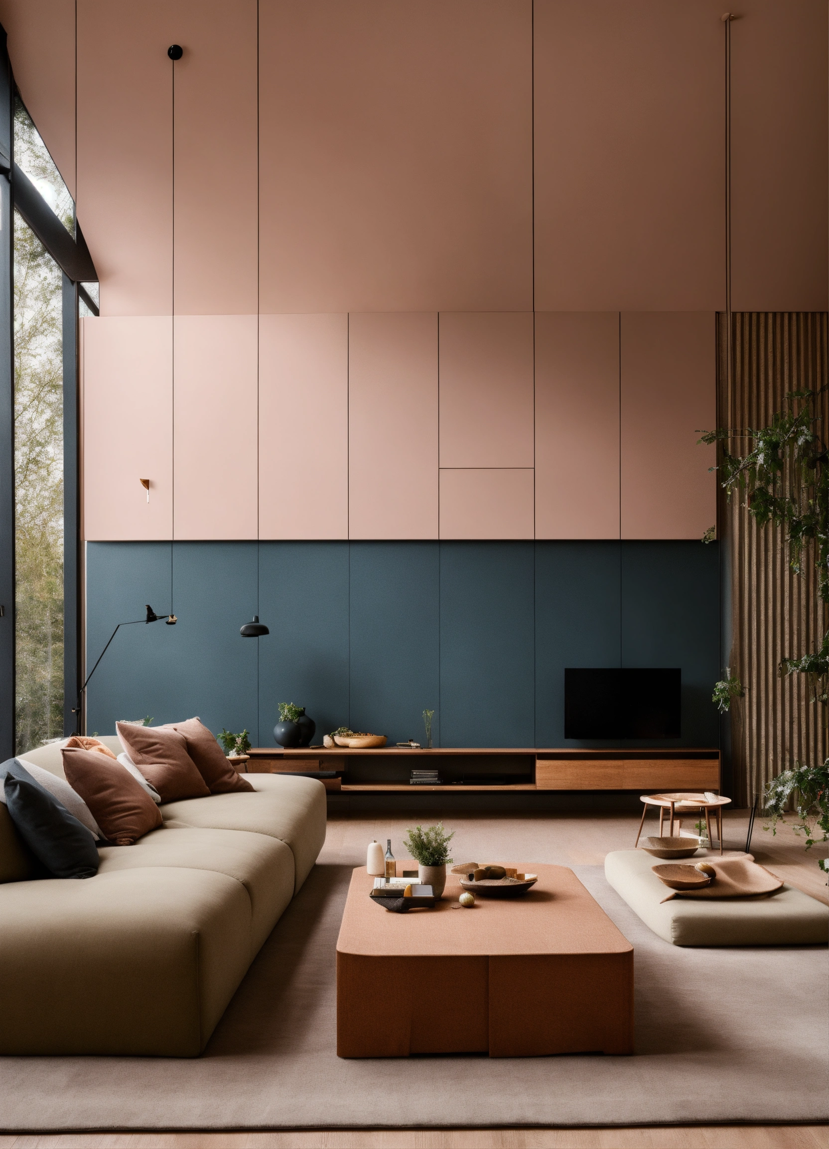 Lexica - A living room with minimalist forniture and a storm inside