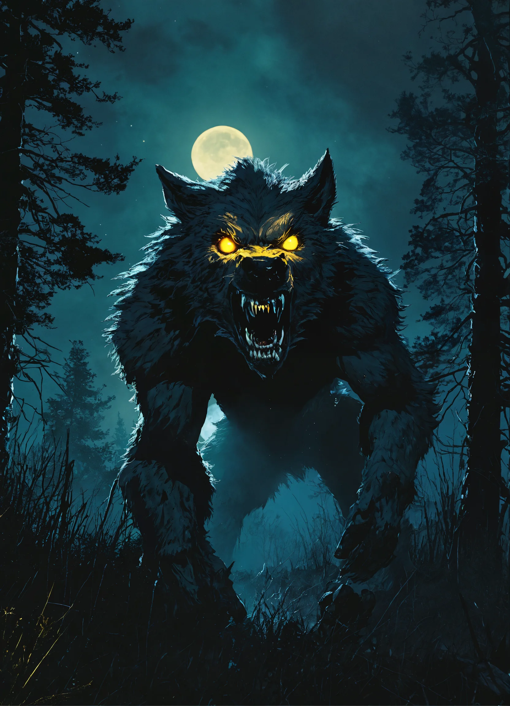 Lexica Ein bedrohlicher Wehrwolf, gelbe Augen, Zähne fletschend, Auf