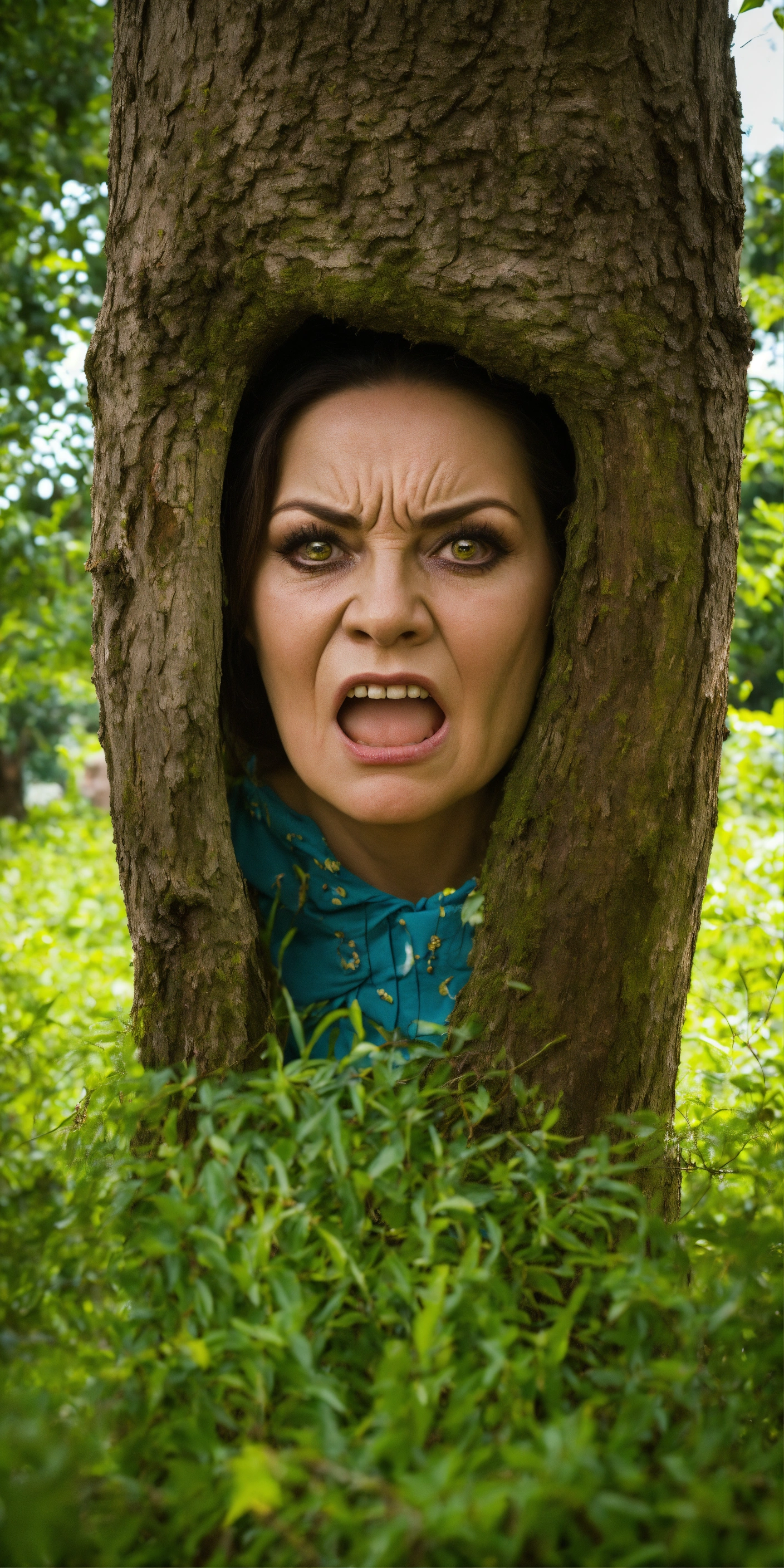 lexica-an-angry-and-scary-ugly-woman-peeping-from-behind-a-tree