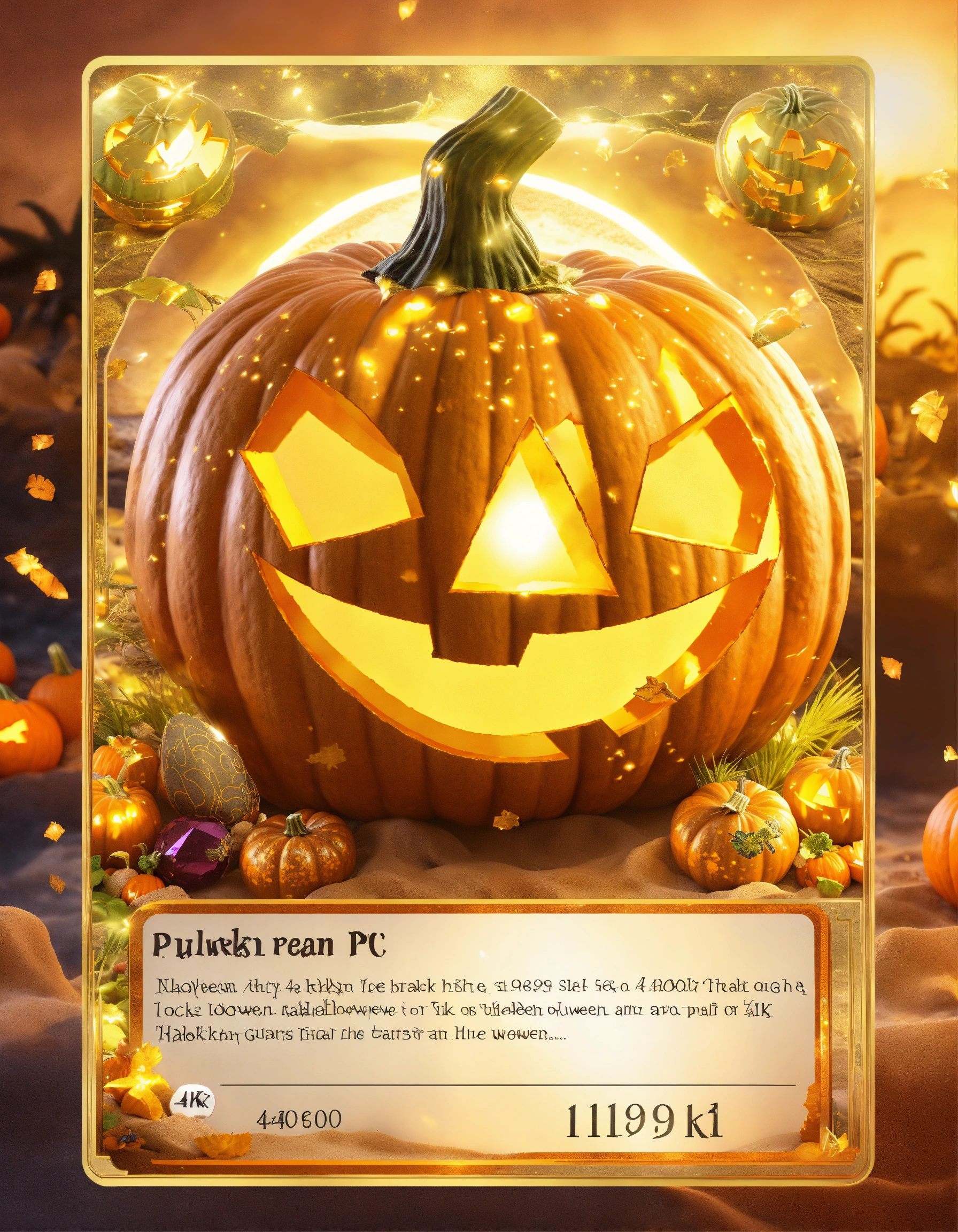 Lexica - Pokemon TRADING CARD template - Shiny Gold look with gemstones gold  & banknotes ( background pumpkin on the beach , palms , trick or treat...