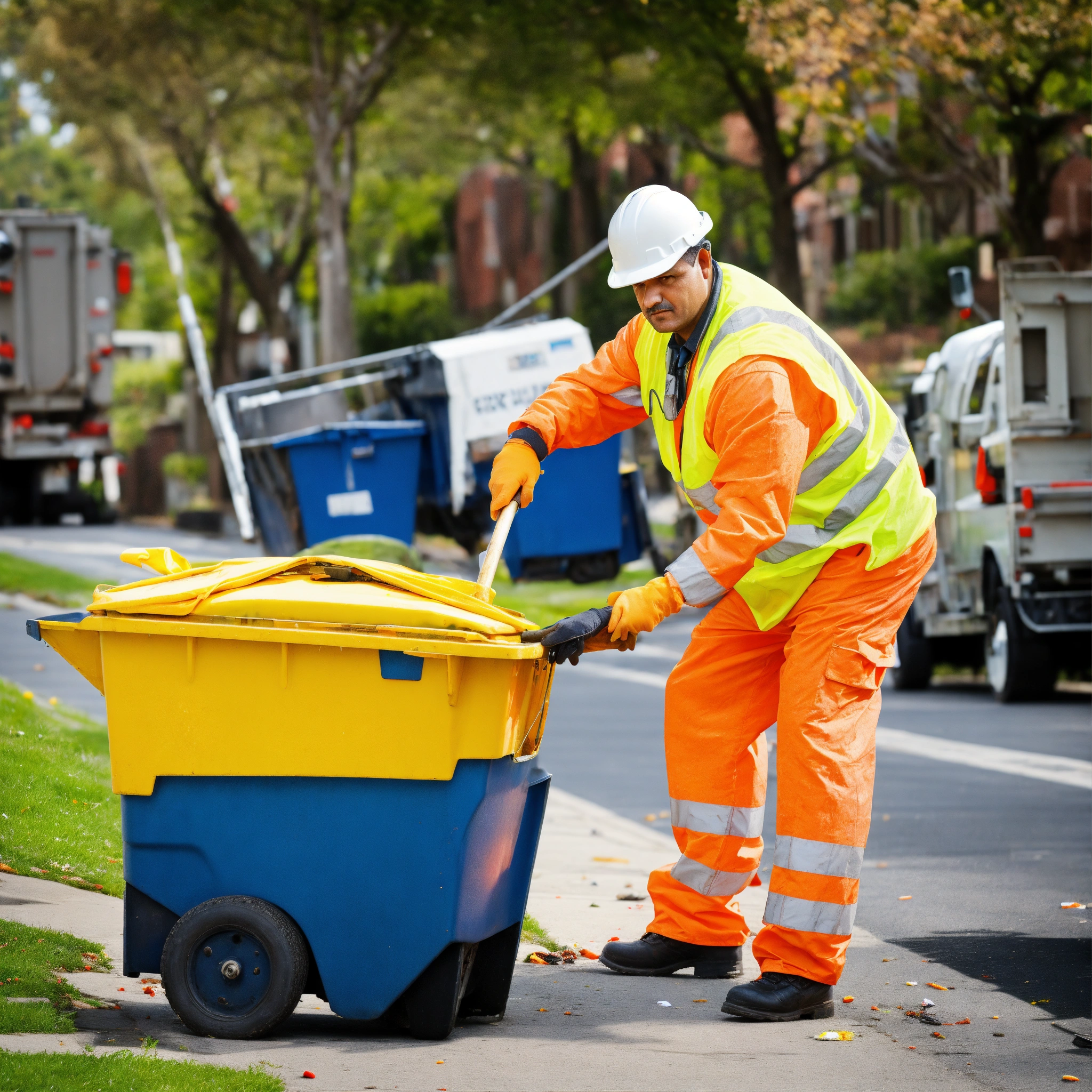Lexica - Stock images of garbage men doing their job in high visibility ...