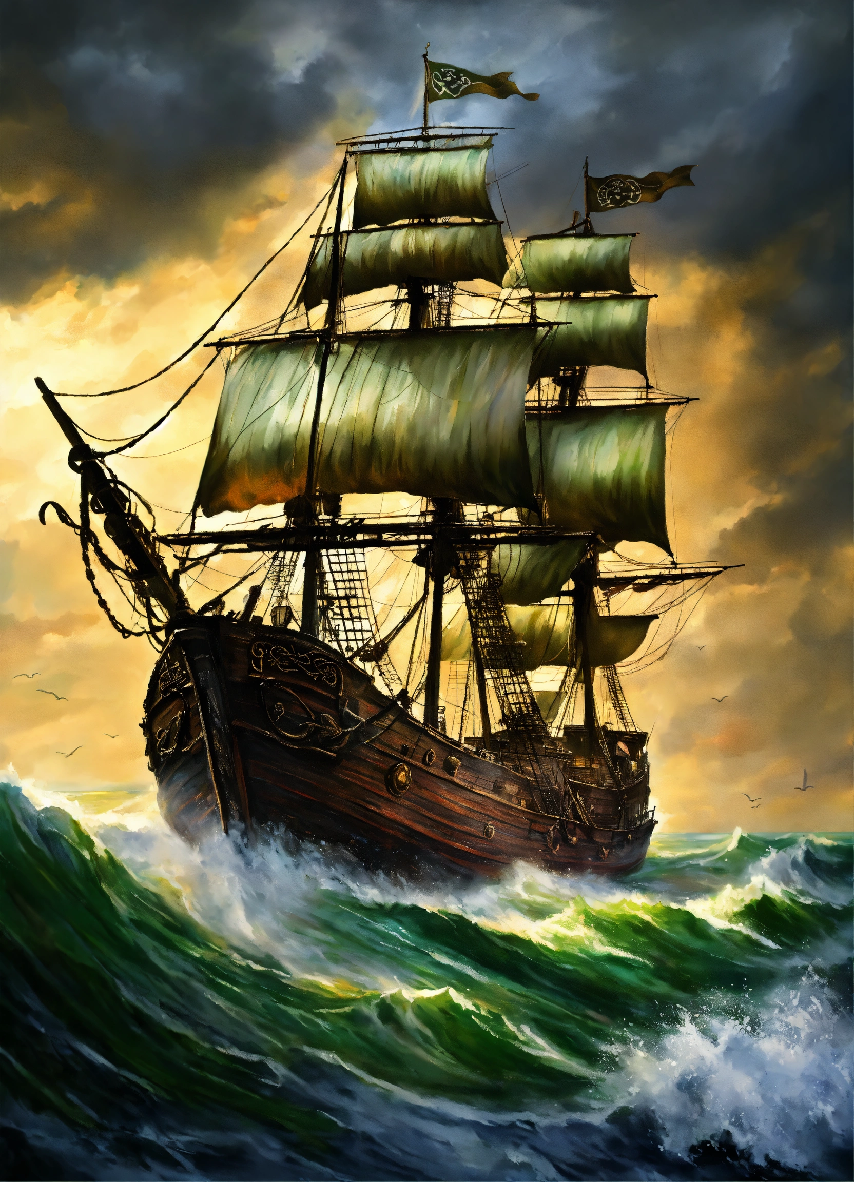 Lexica - A painting of a celtic pirate ship on the ocean during a storm ...