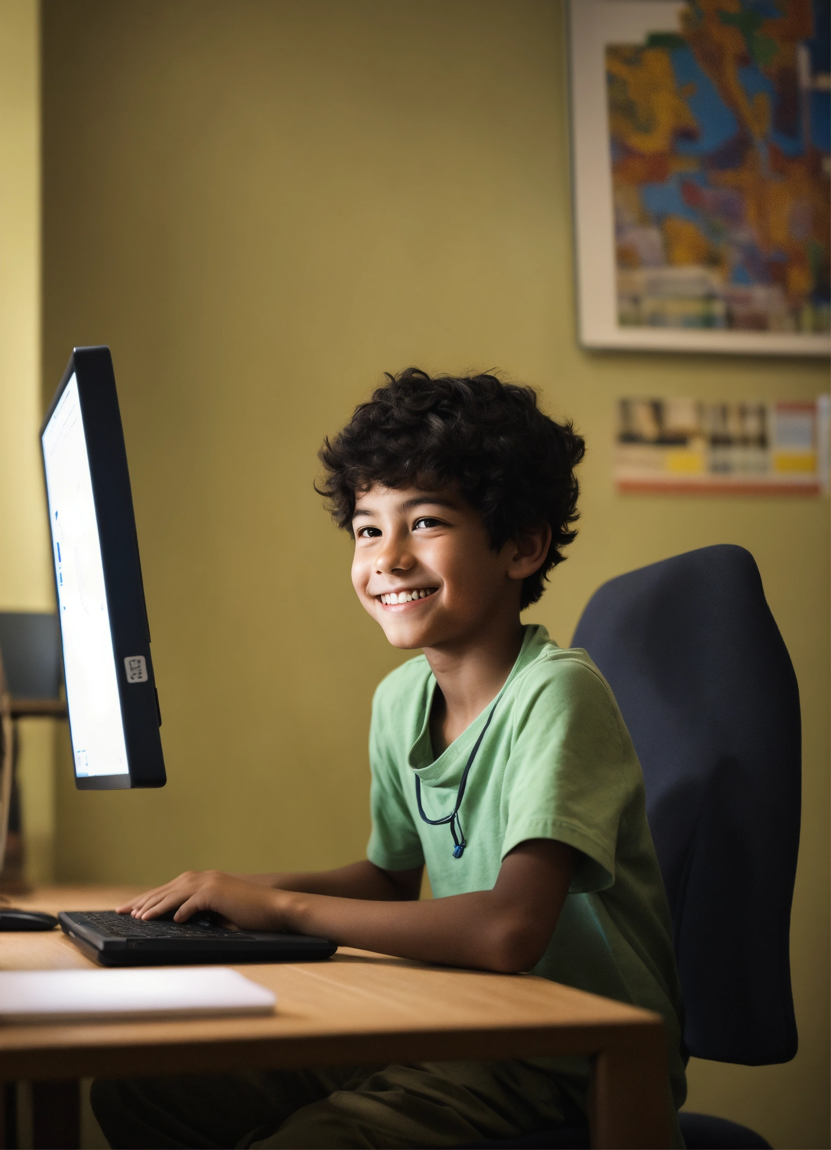 Lexica - A boy sits confidently in front of a computer, a satisfied ...