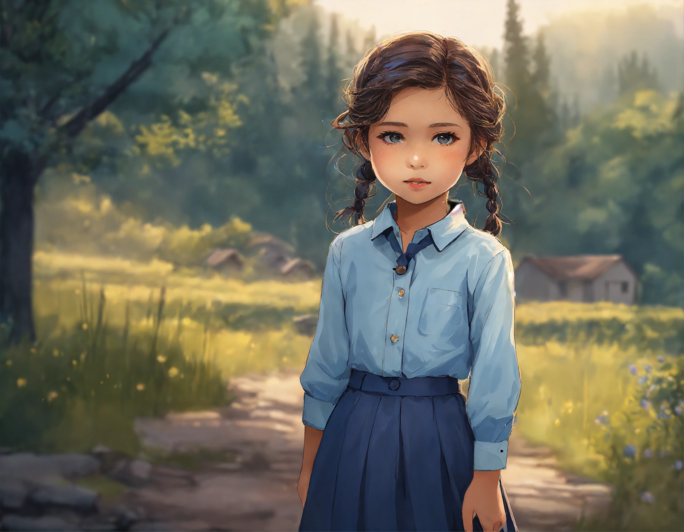 Lexica - A cute five-year-old girl with a light blue button-down shirt ...