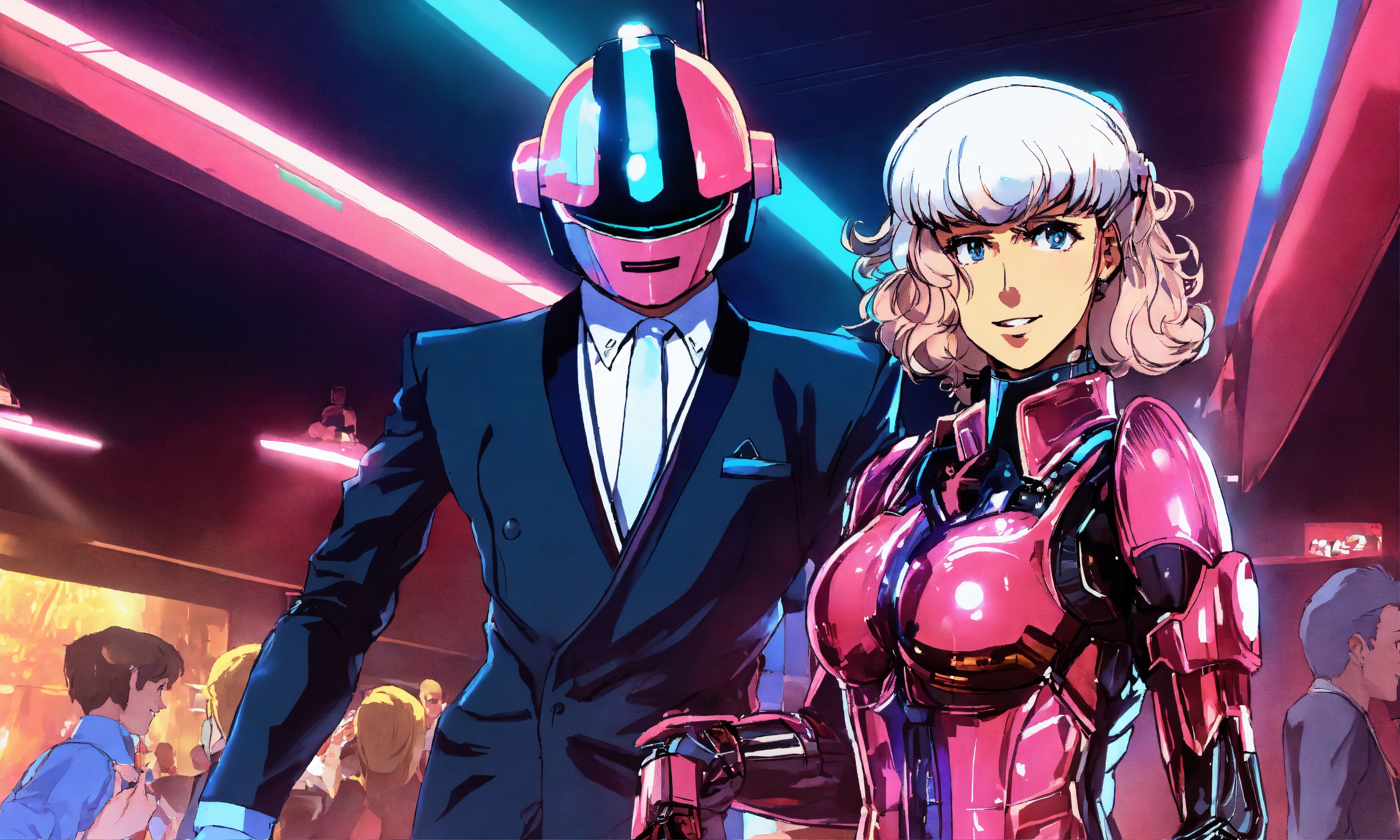 Lexica - 80s anime style, suited man smiling, dancing with a chrome helmet  female robot, in a club