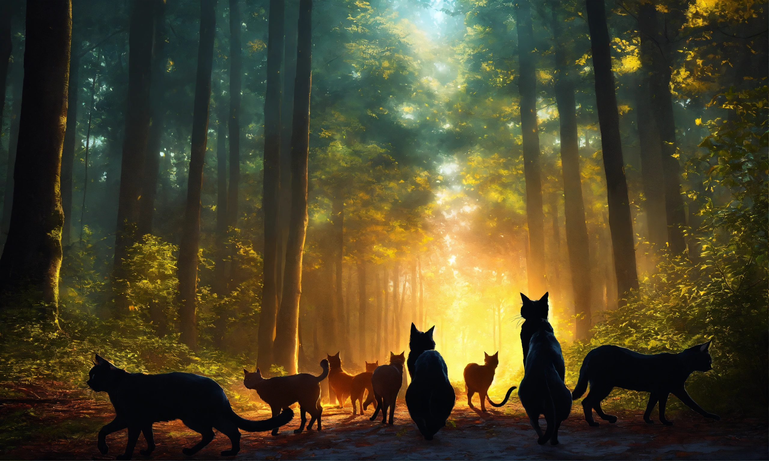 Lexica - Create an image of dozens of black cats walking in the forest ...