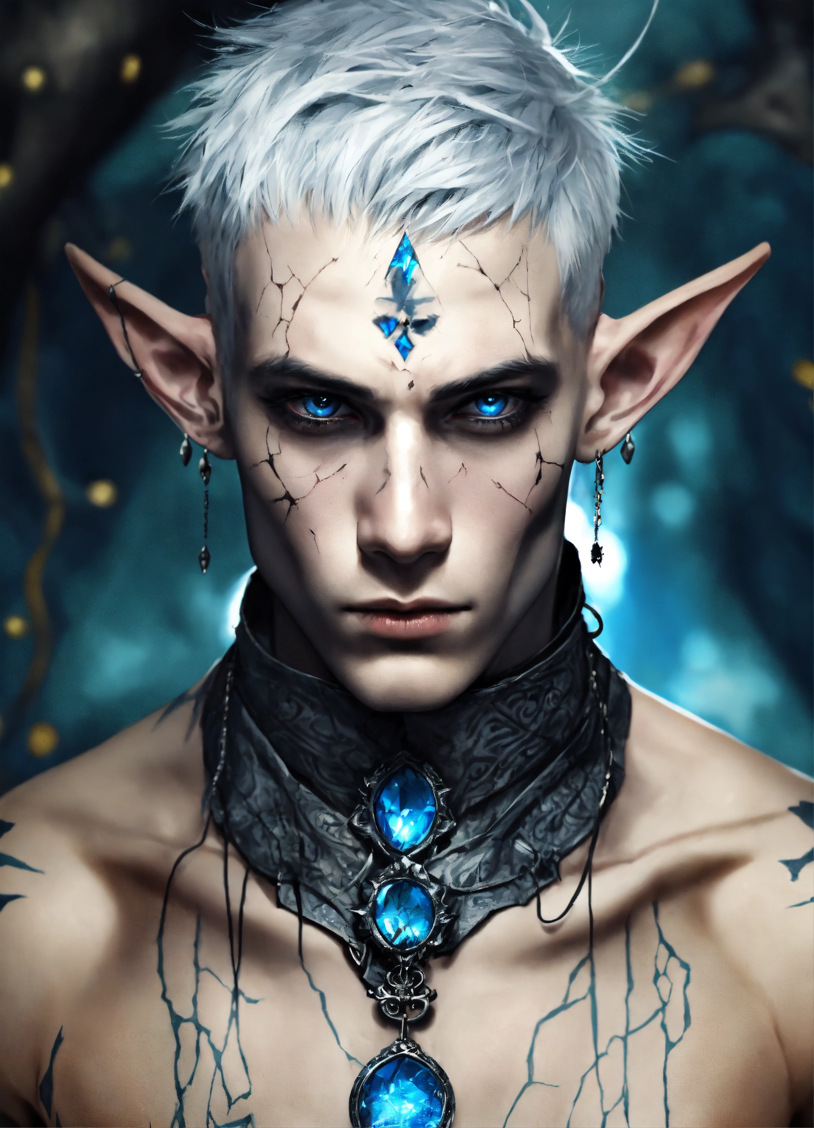 Lexica - Torso shot of a tatooed male elf, monk, sickly thin, pale grey ...