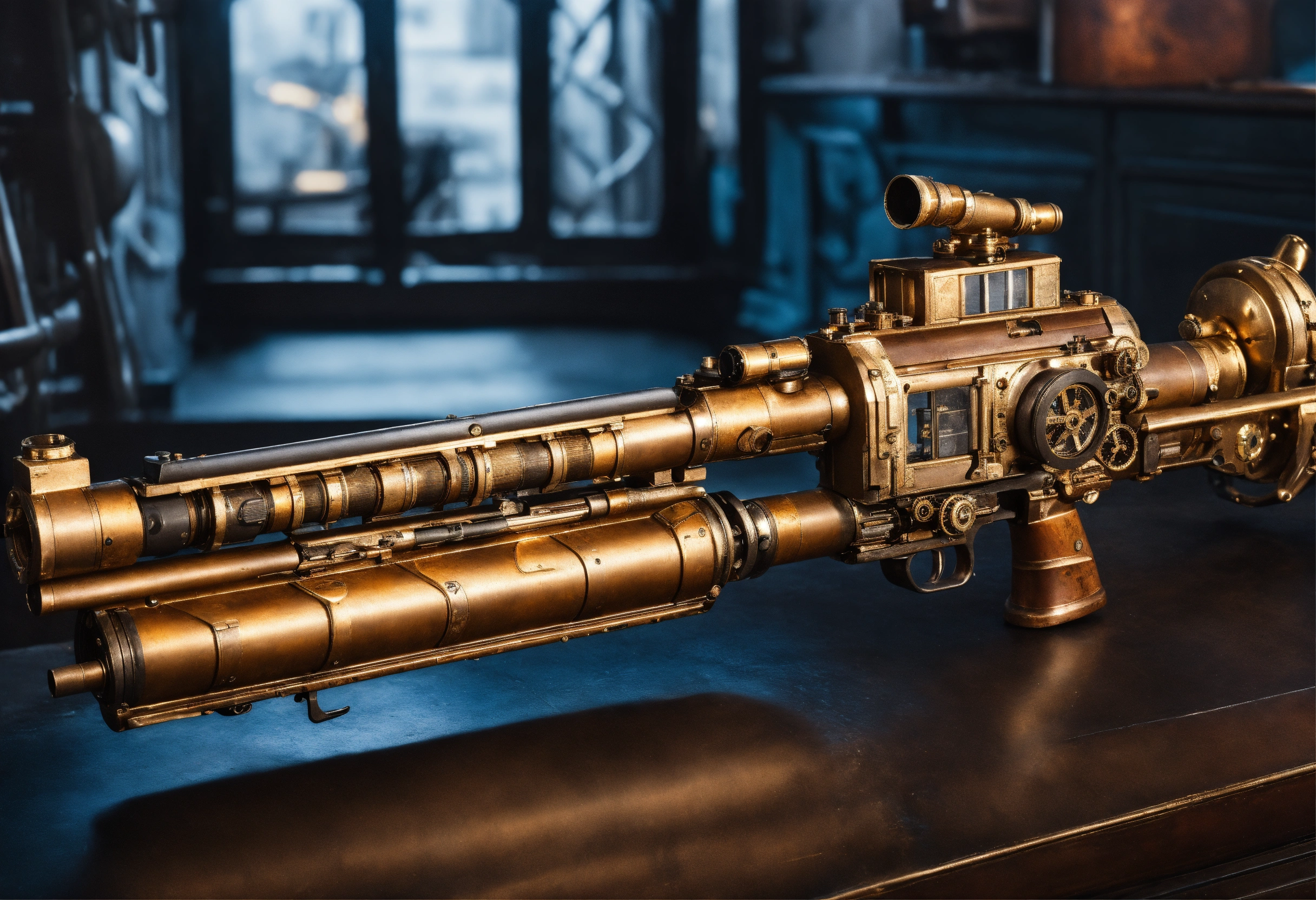 Lexica - Side view of the full image of a steampunk energy rifle