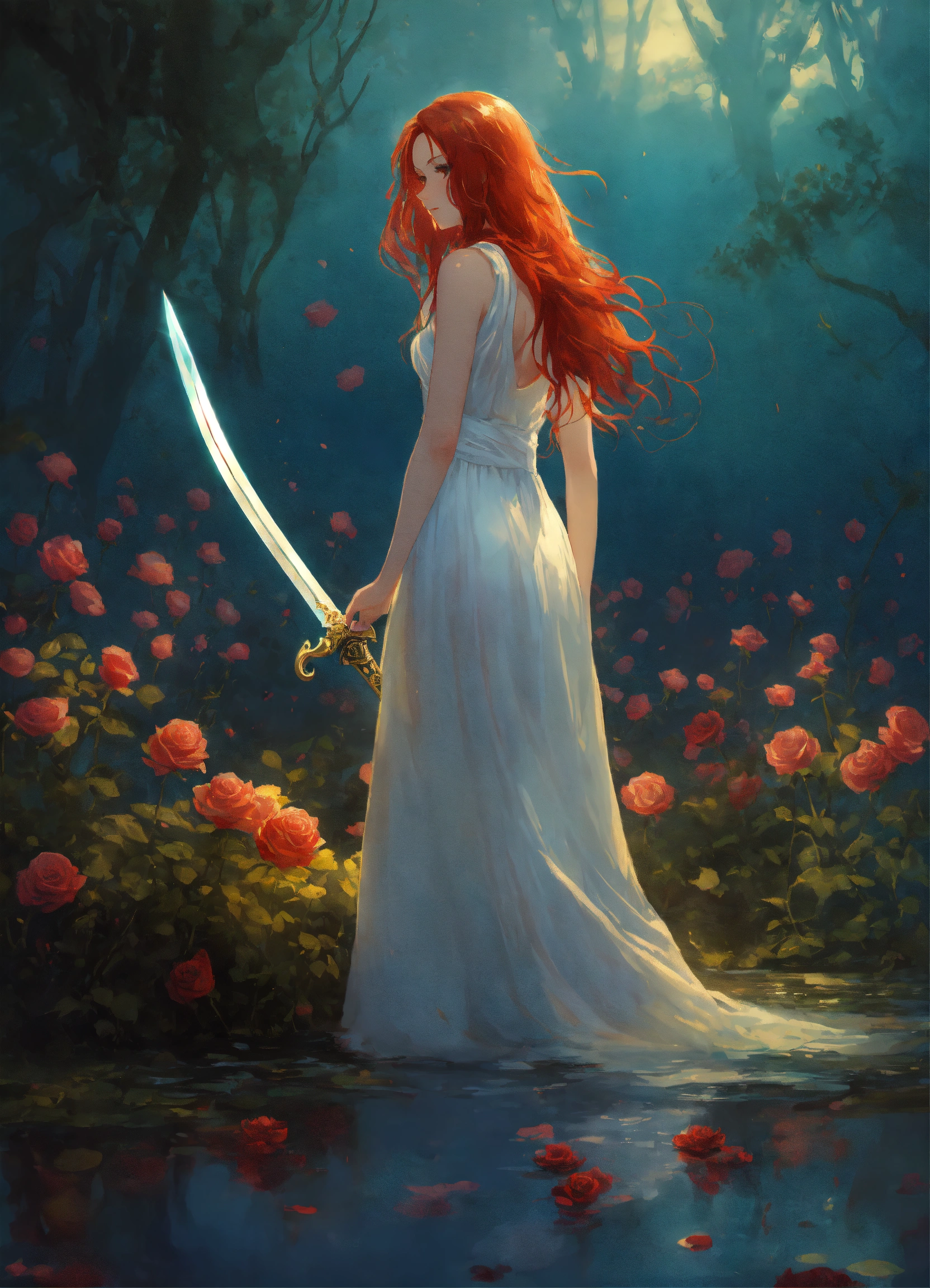 Lexica - A woman turning her back wtih long red hair in awhite long ...