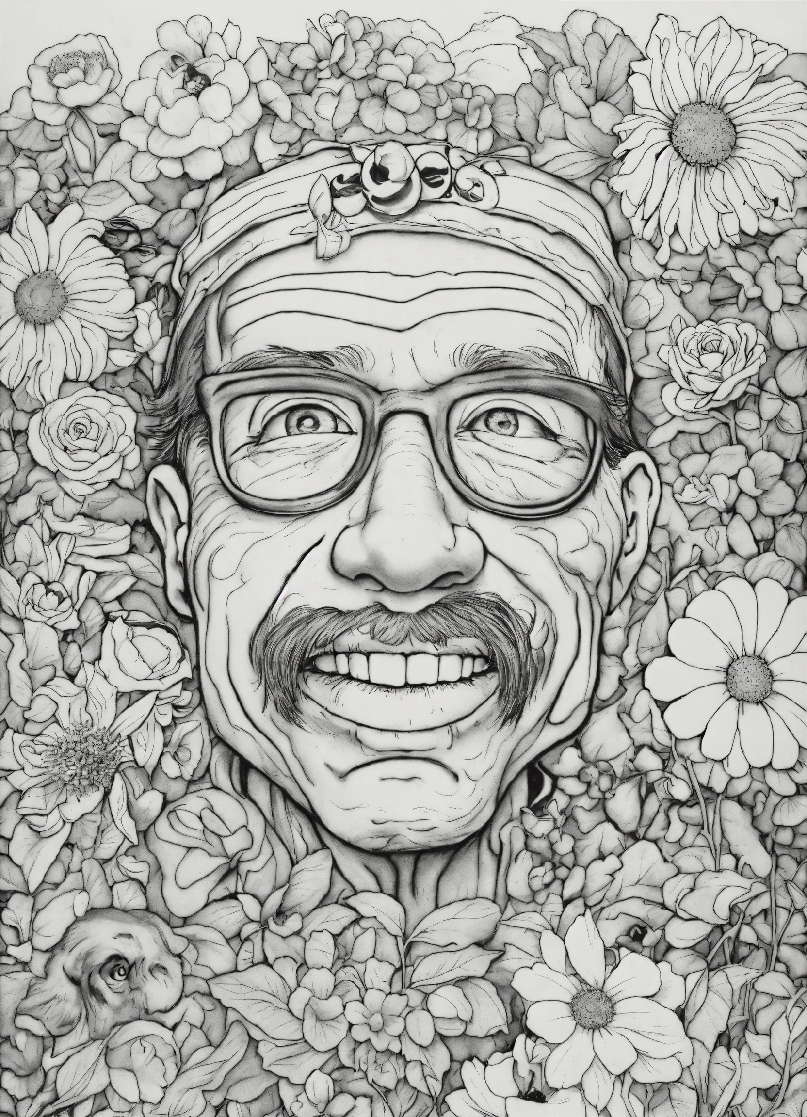 Lexica - Faces and flowers, Ed Roth, coloring book, line art, low ...