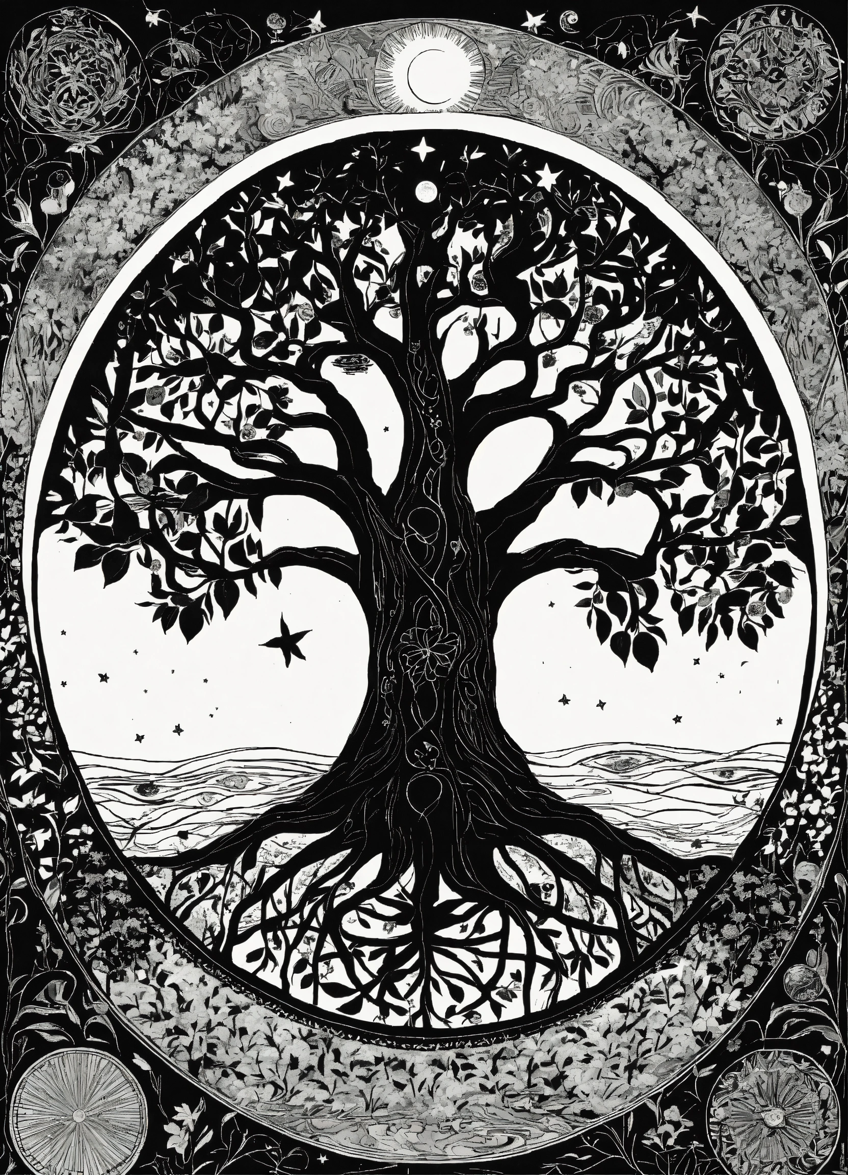 Lexica - Tree of life black and white no leaf with moon sun and stars