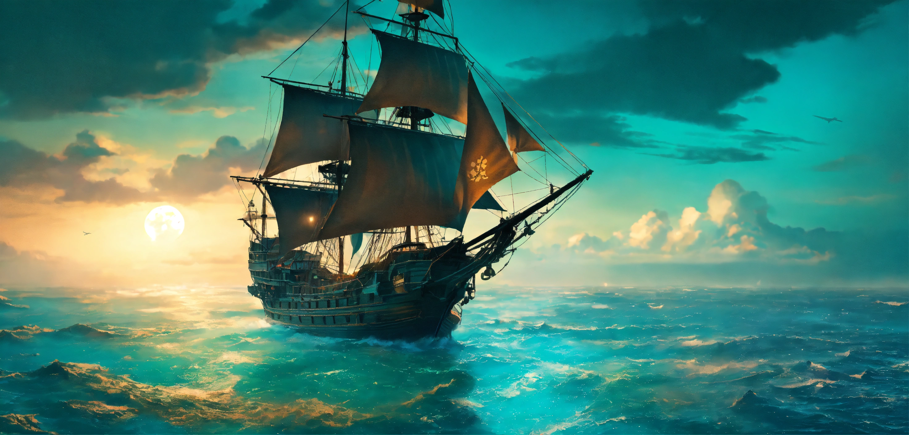 Lexica - A pirate ship in open sea changing course, aerial view ...