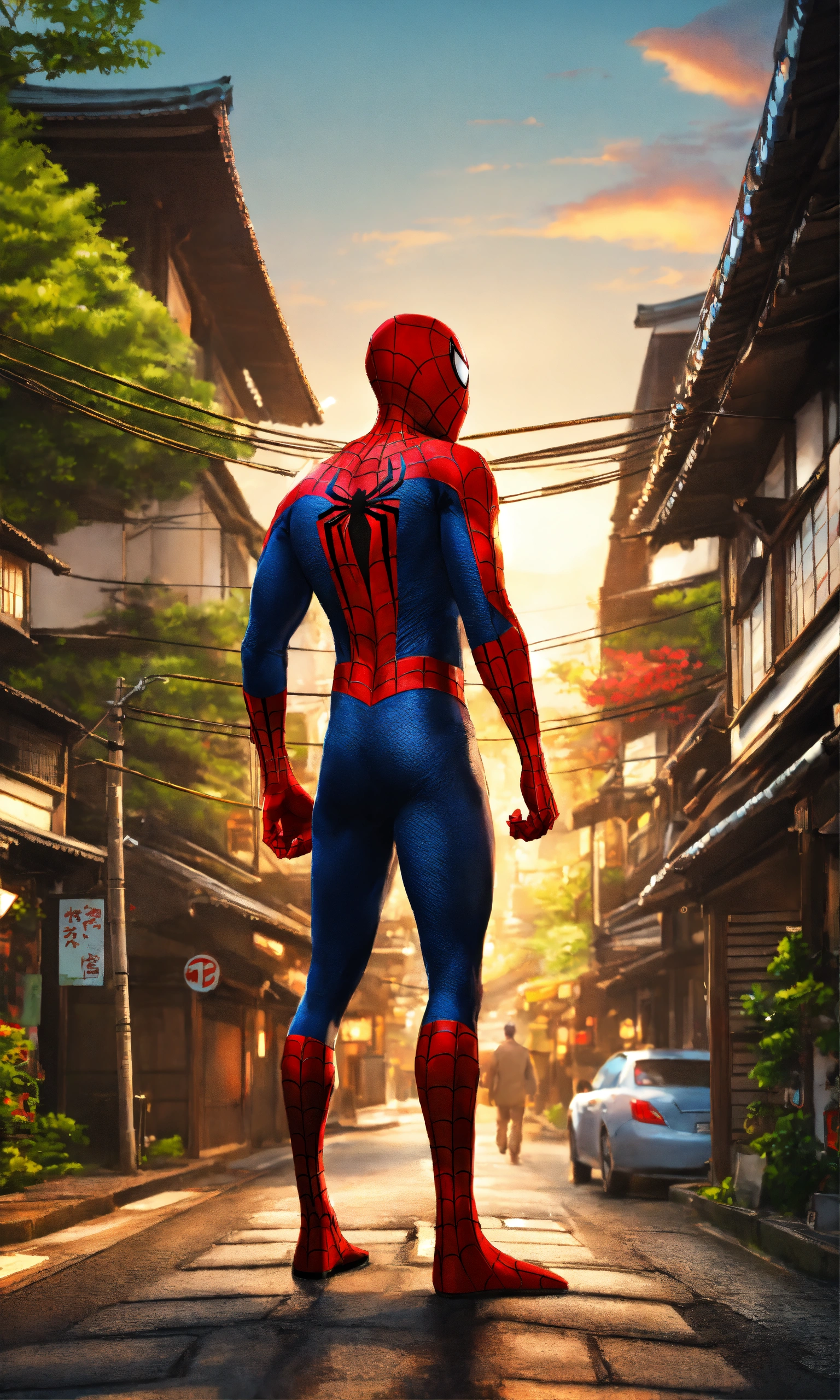 Lexica - Spiderman in Japan on a beautiful street, 2D render, standing ...