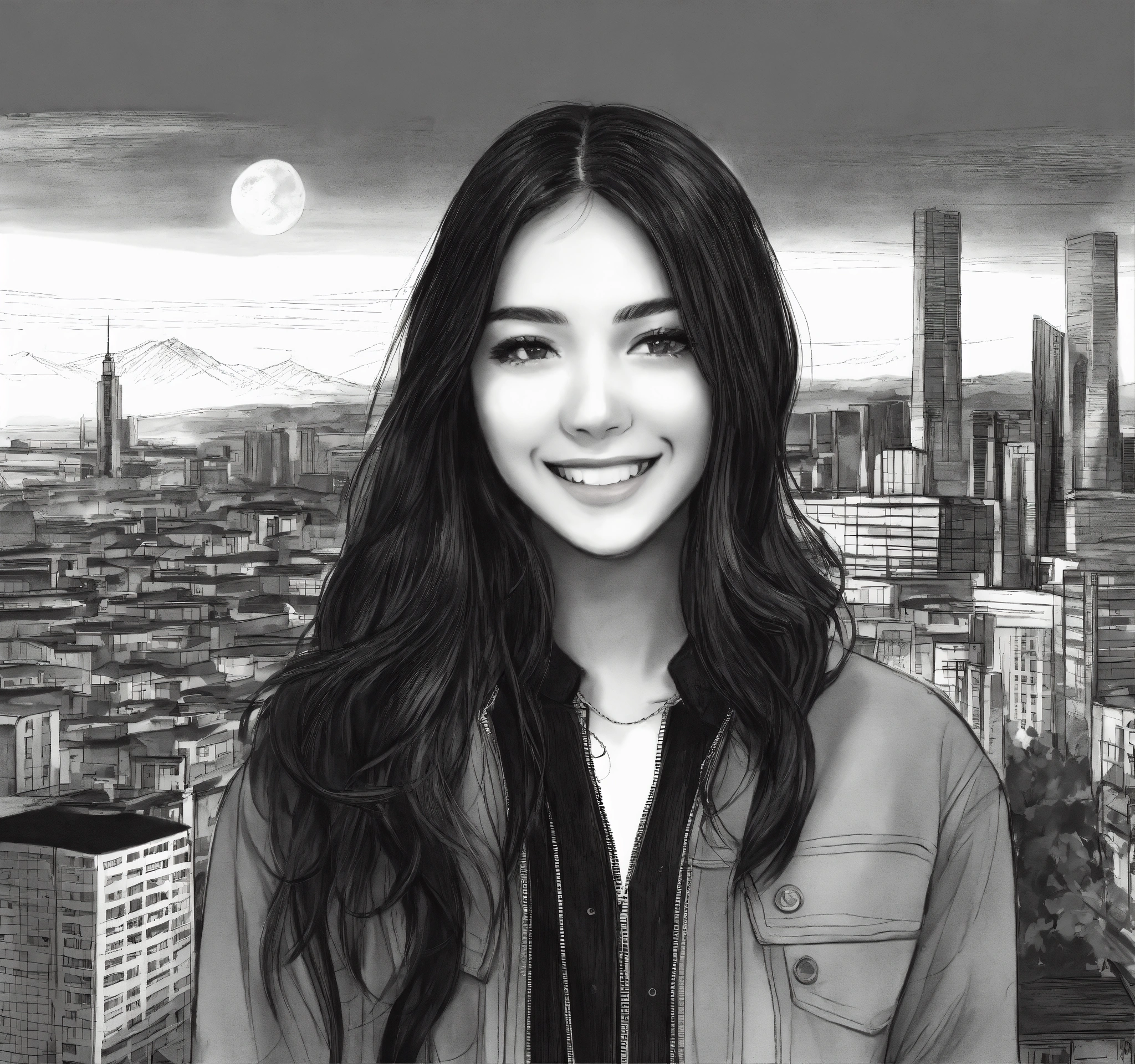 Lexica Pencil black and white sketch of eurasian girl long black hair