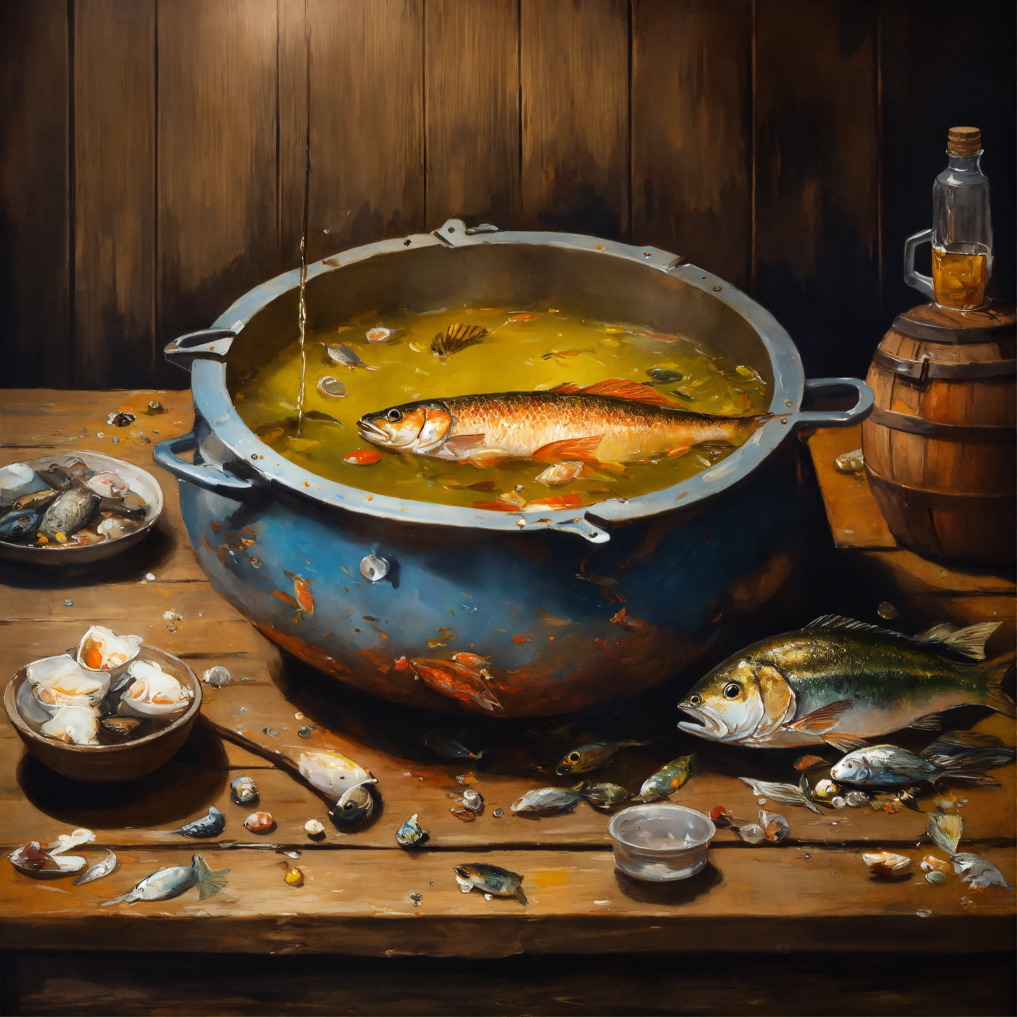 Lexica - Concept art of a lead pot with liquid fish glue, on top of a ...