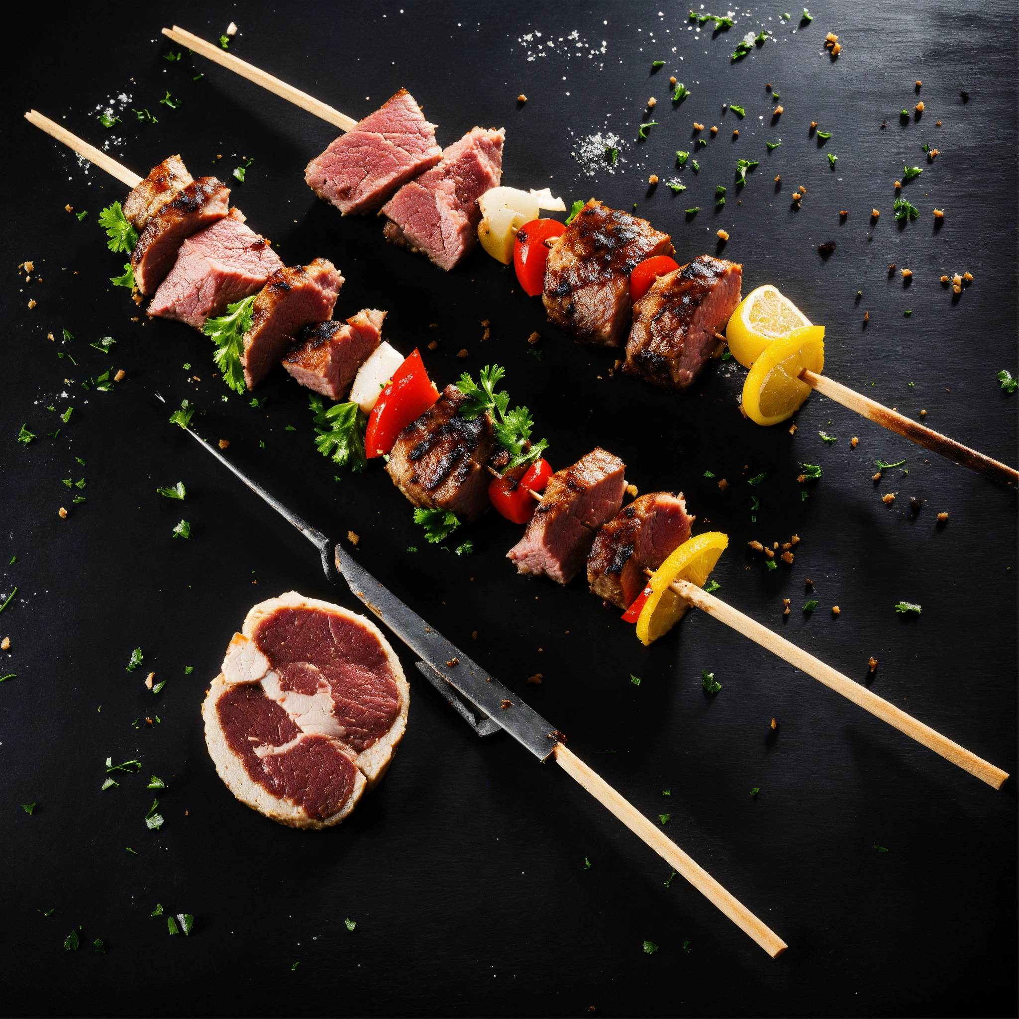 Lexica - Skewer on which meat is threaded, black background, a lot of ...
