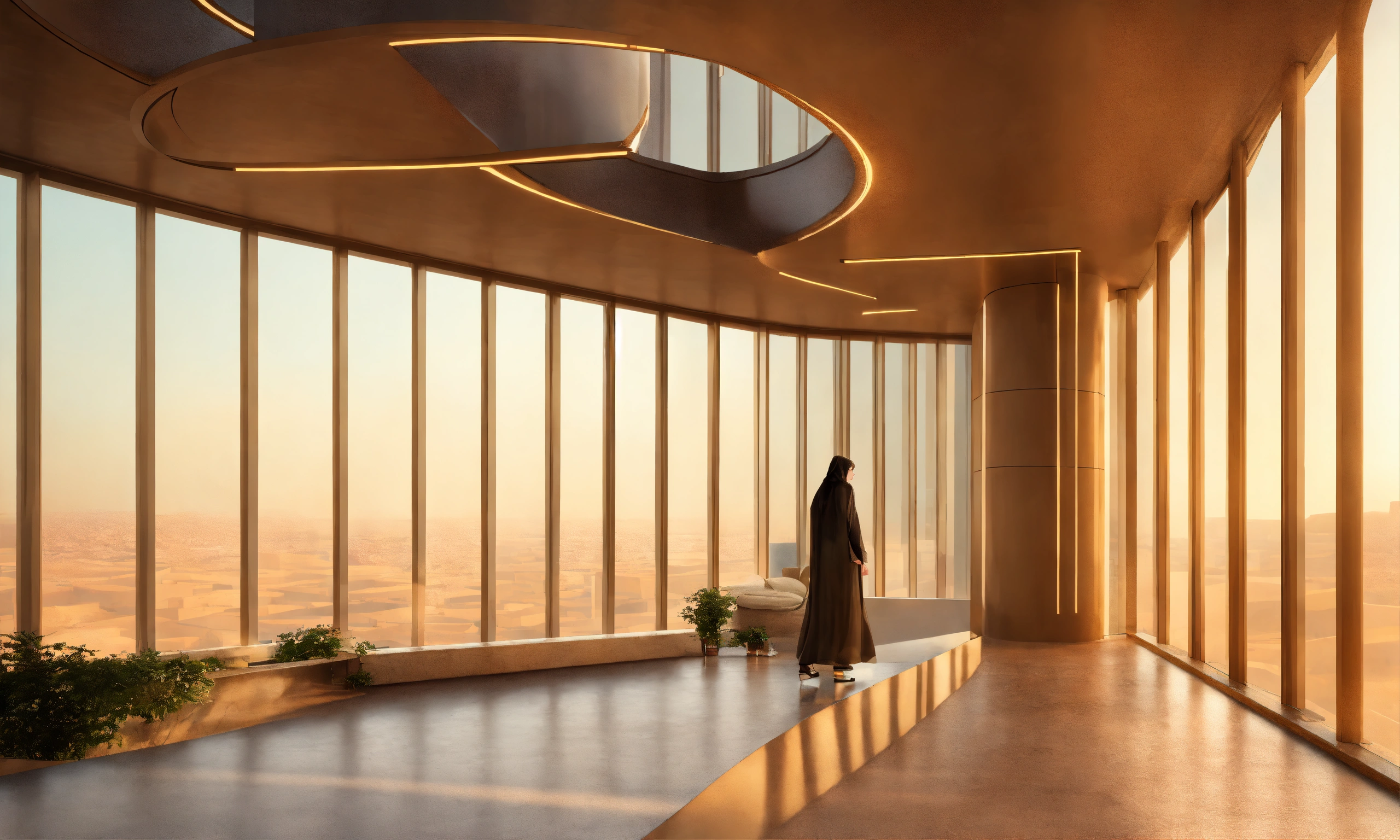 Lexica - Saudi woman climbing six steps, side way, indoor, futuristic ...