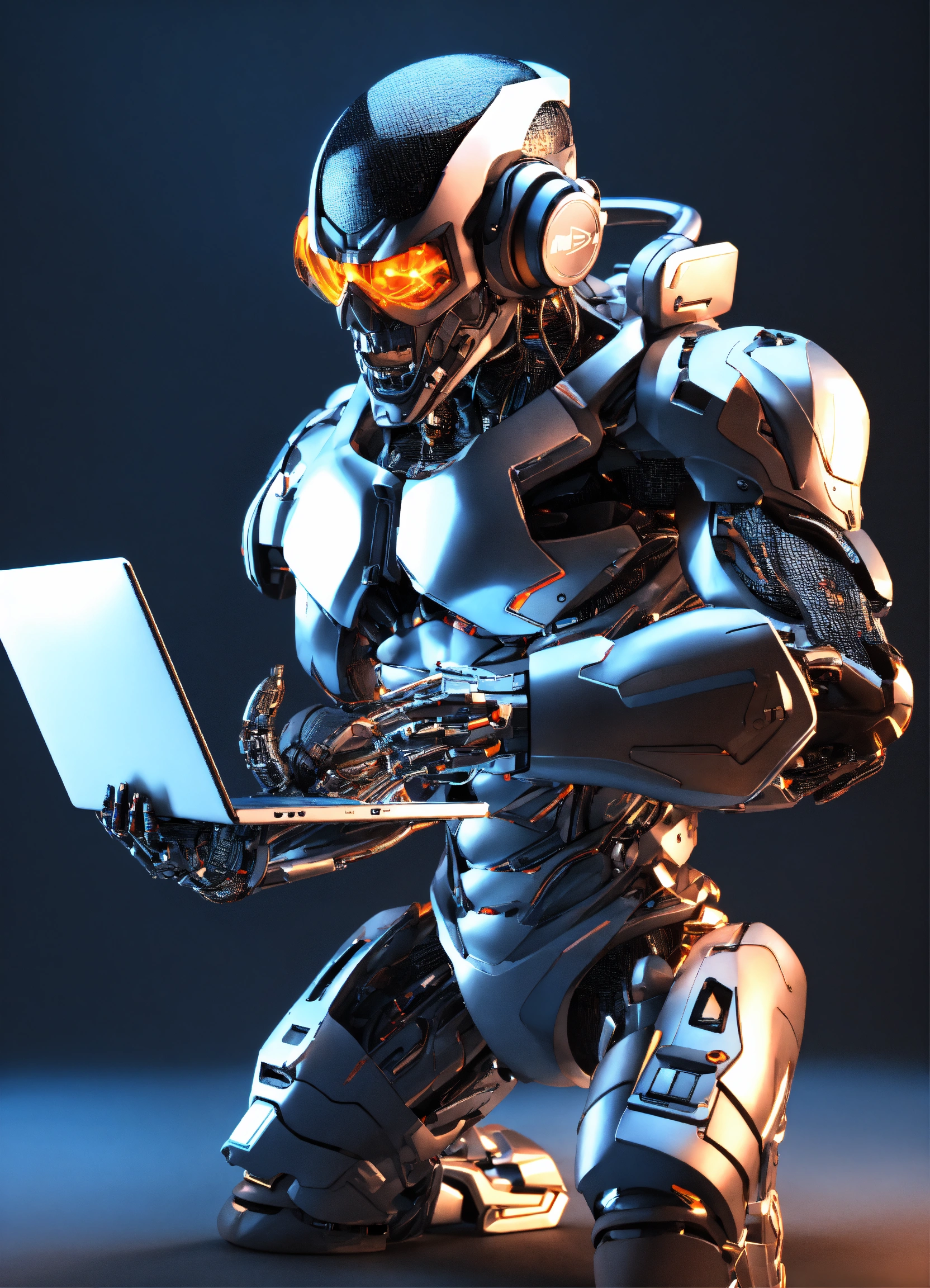Lexica - Cyborg, mascot, 3d, full body, hold laptop, screaming