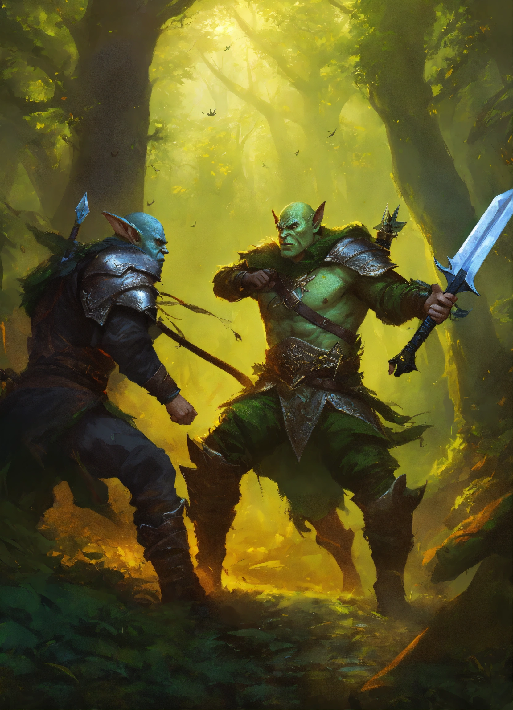 Lexica - One elf fights hand to hand combat with two orcs in a forest ...