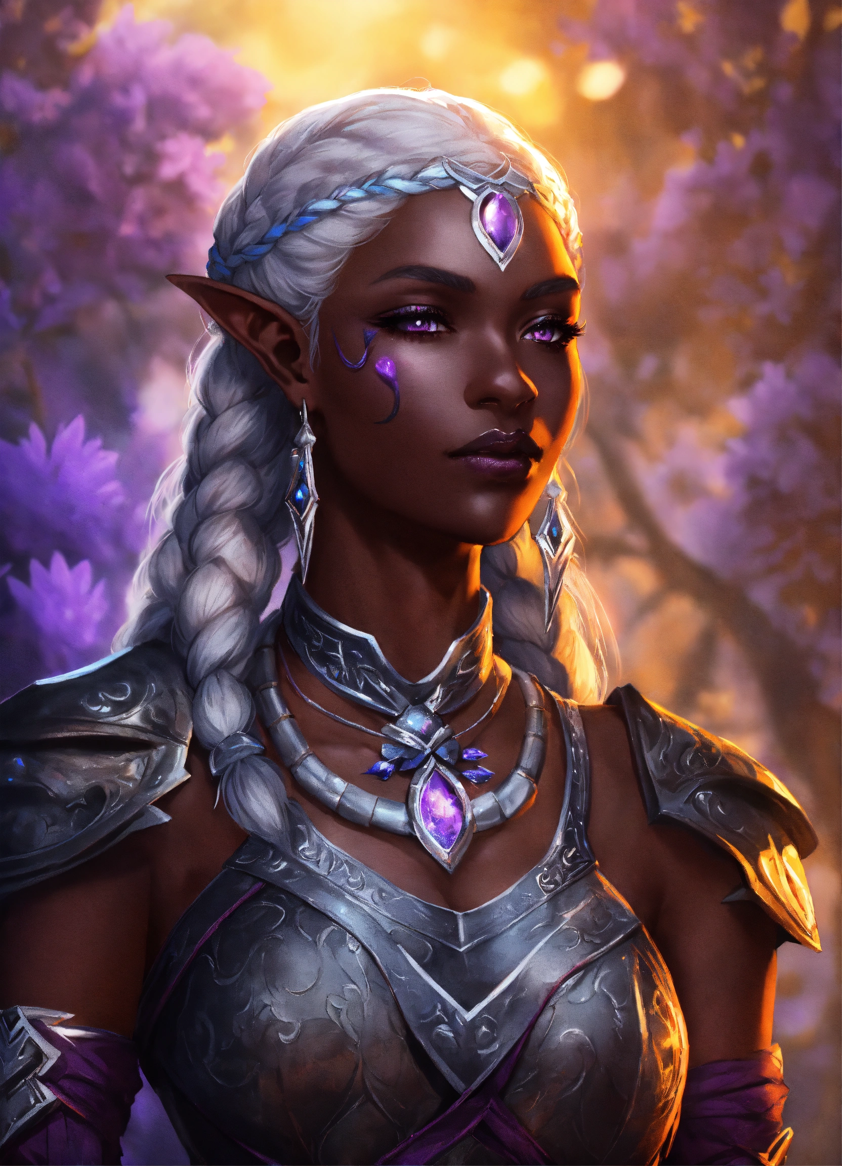 Lexica - A beautiful drow woman in sun themed armor. she has braids and ...