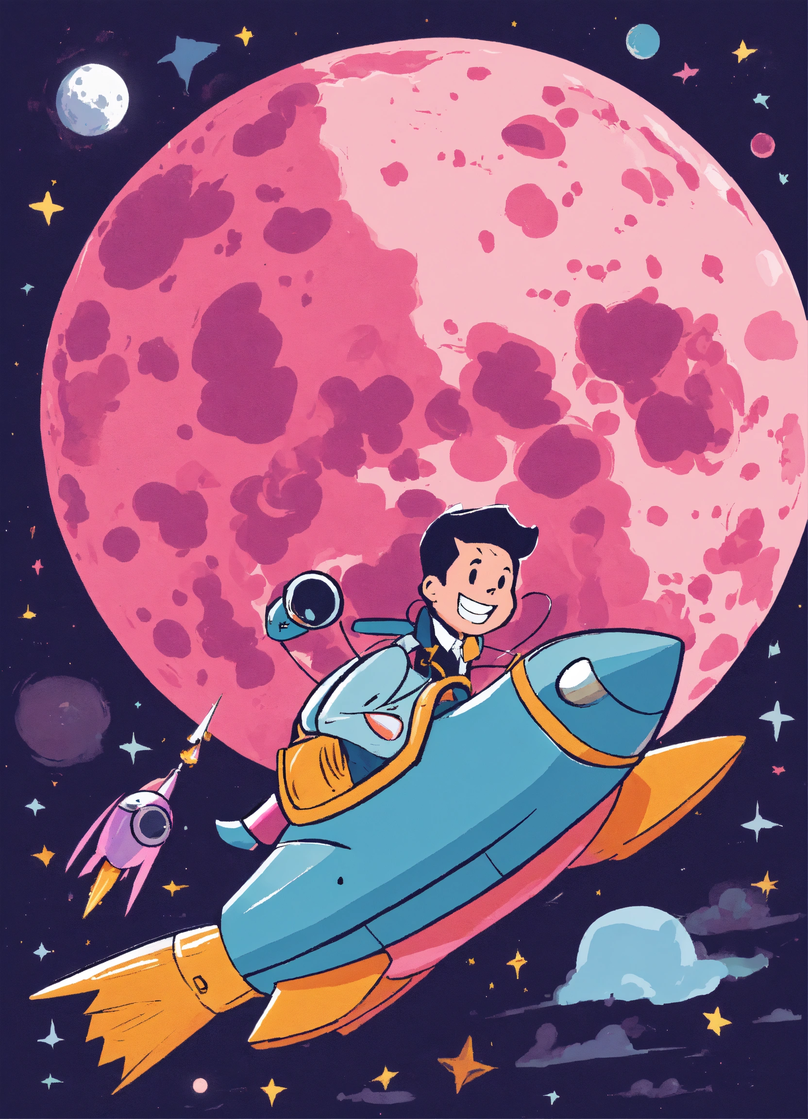 Lexica - An image of super happy guy, riding a rocketship towards the ...