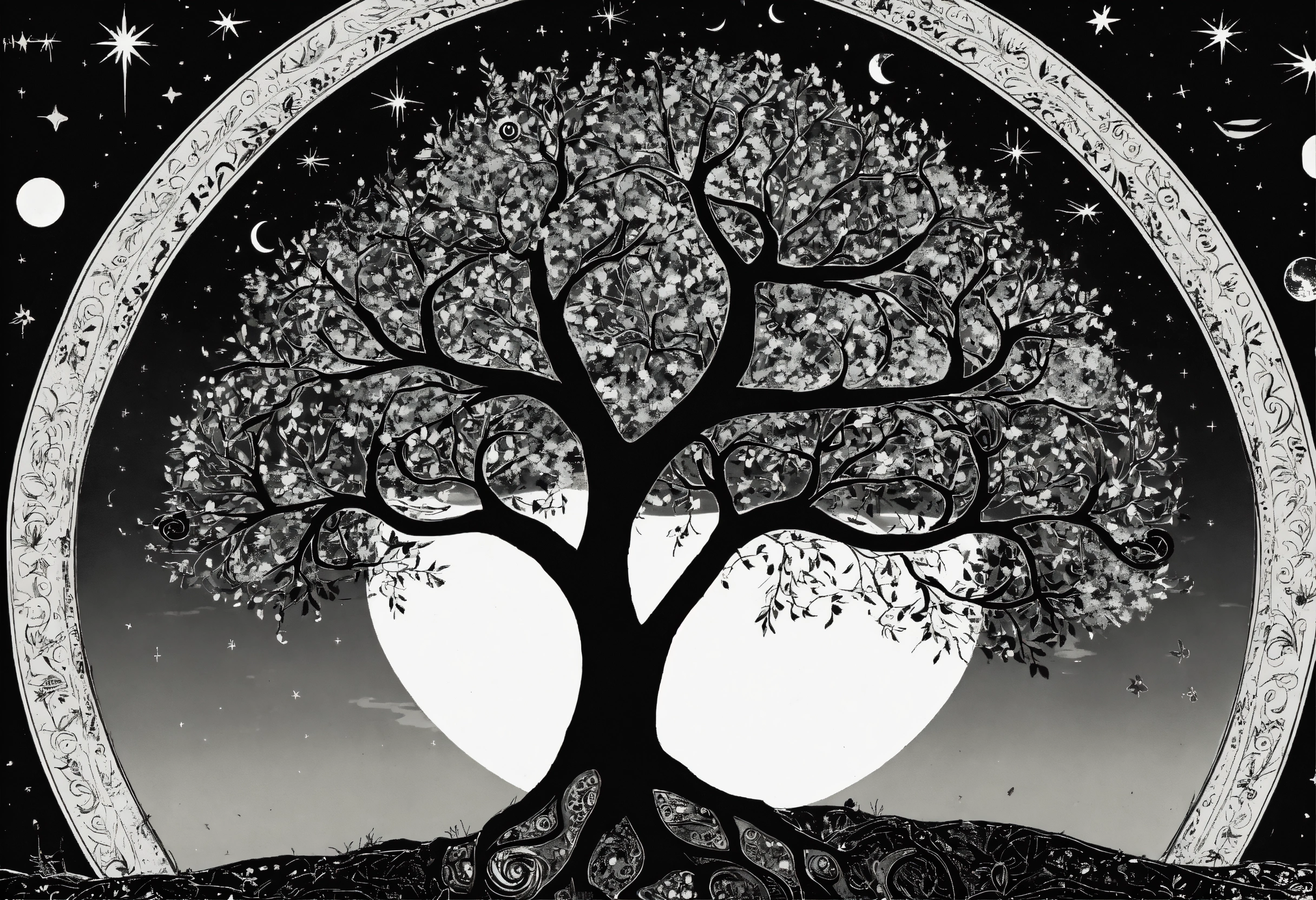 Lexica - Tree of life black and white no leaf with moon sun and stars