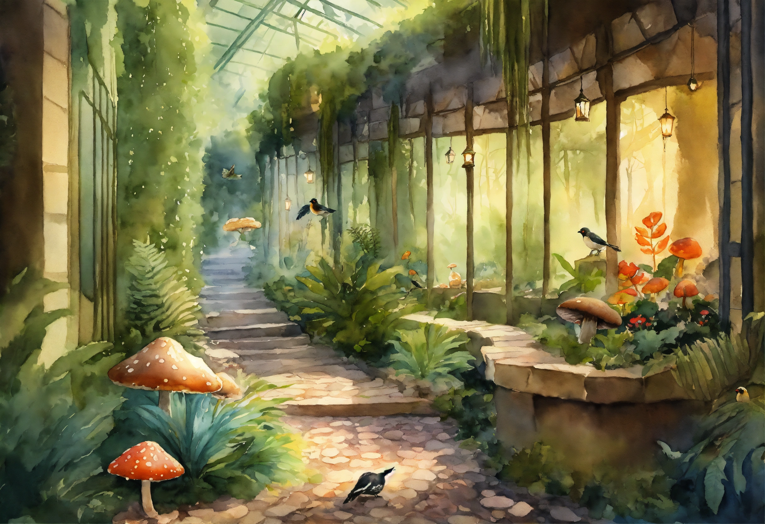 Lexica - A cobblestone pathway winding through an aviary atrium filled ...