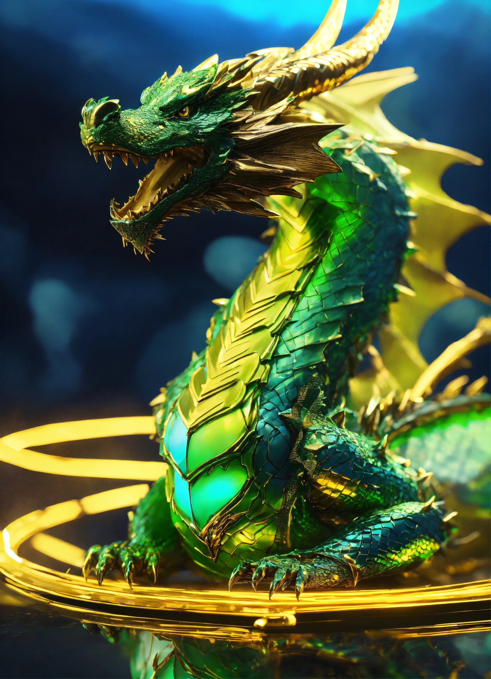 Lexica Metallic dragon in yellow green and blue colors. volumetric lightning, octane render, 4
