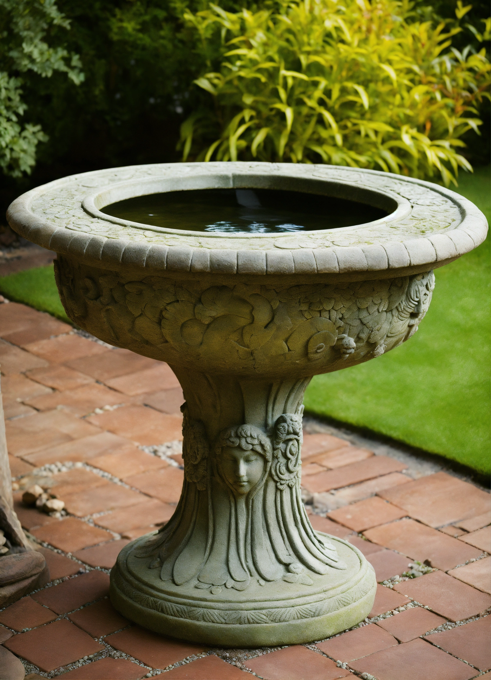 Lexica An ancient stone bird bath garden ornament style of alex grey.