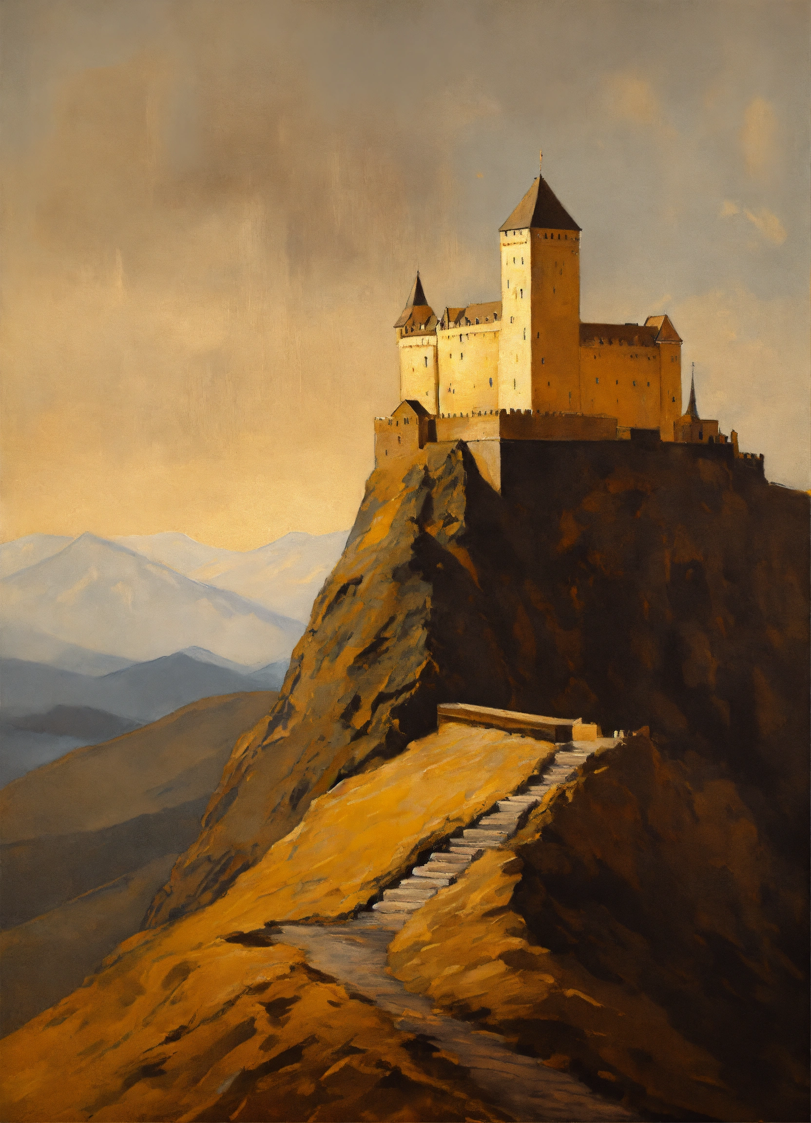 Lexica - Minimalist oil painting of a historic castle on top of a ...