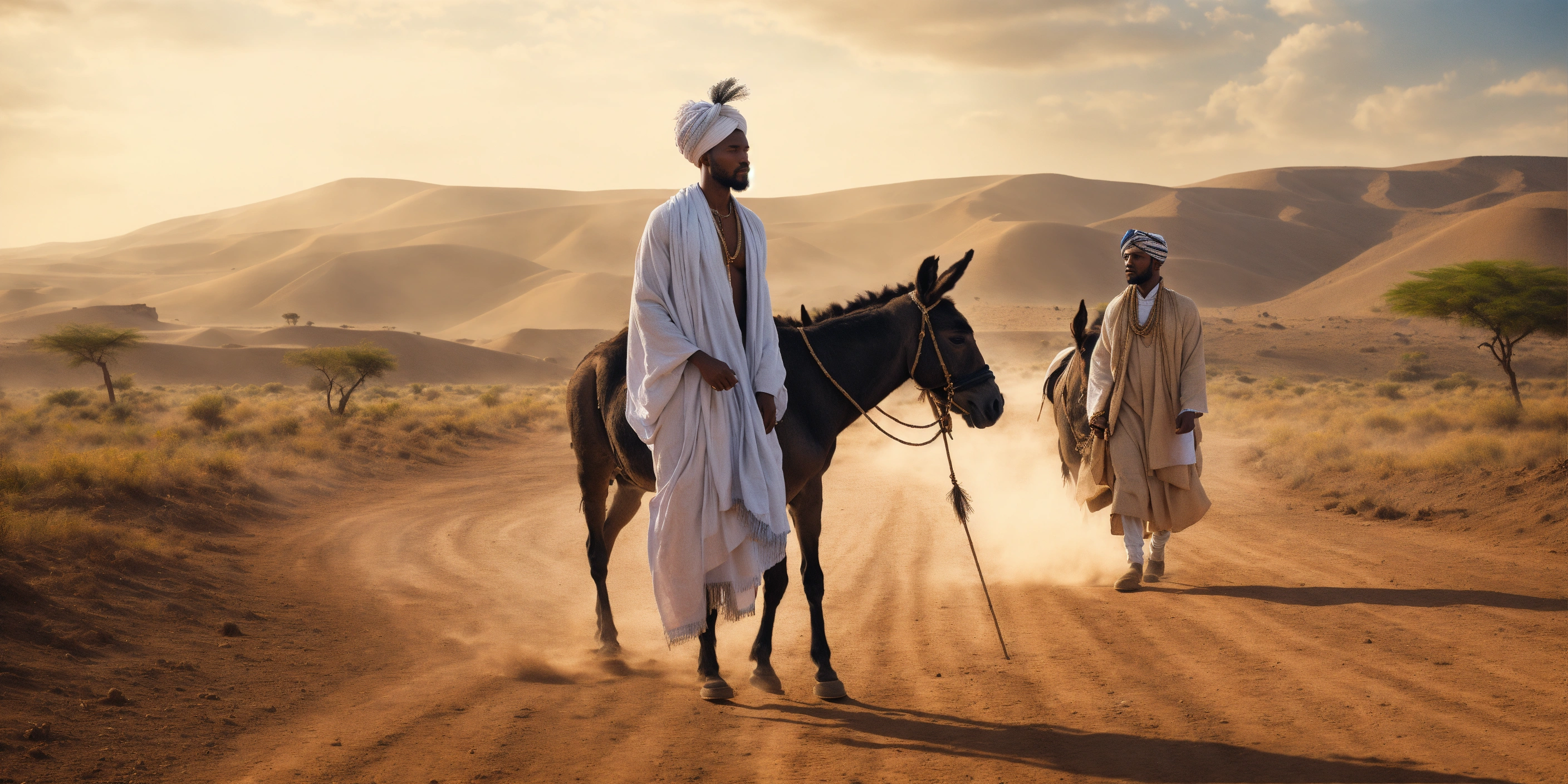 Lexica - Illustrate a handsome black Ethiopian man traveling on a dusty  road. The man is wearing a white traditional Ethiopian garment with a  Turban...