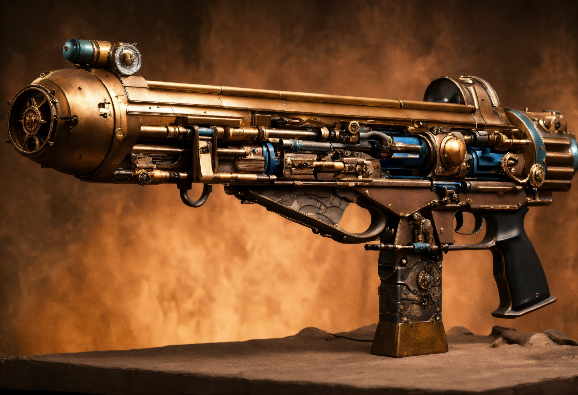 Lexica - Side view of the full image of a steampunk energy rifle