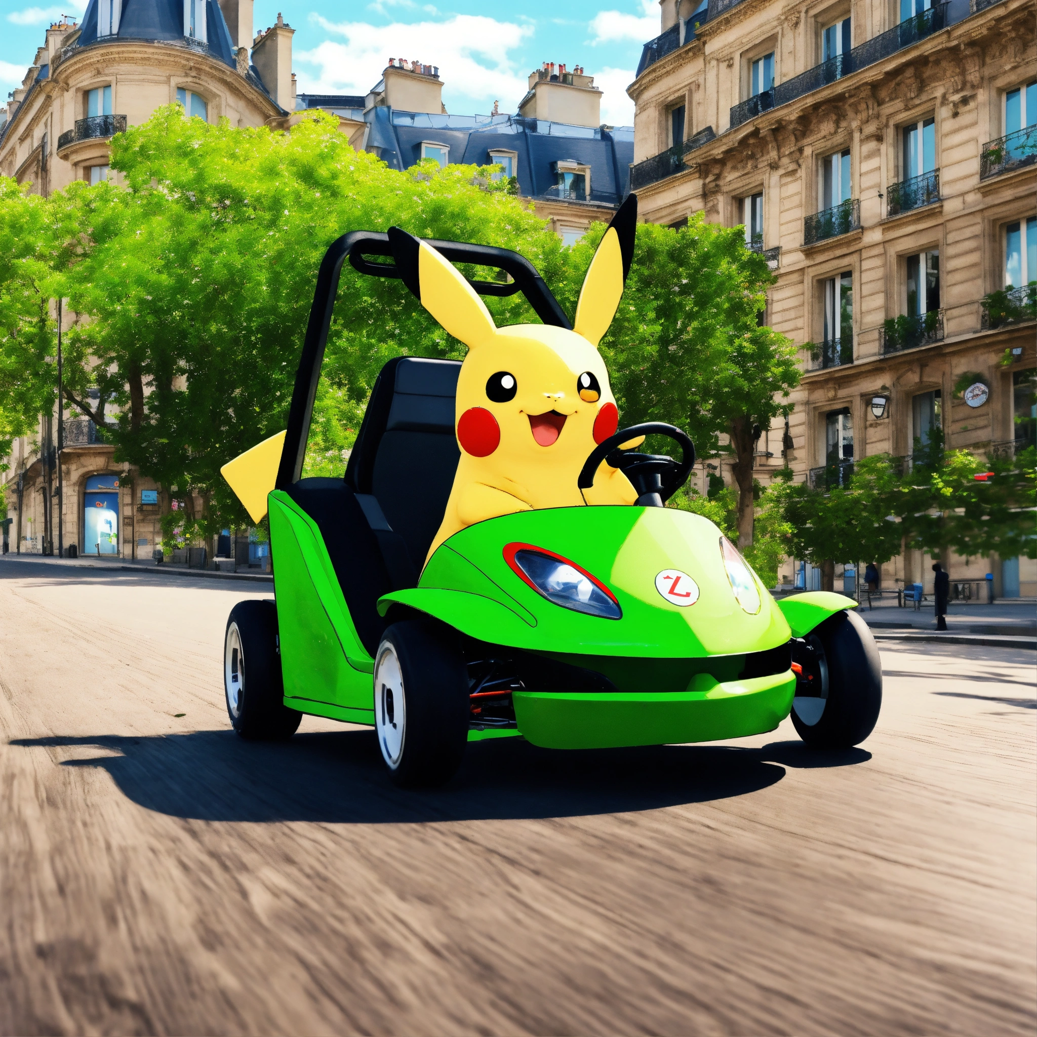 Lexica - Draw me a pickachu riding a green go kart in paris