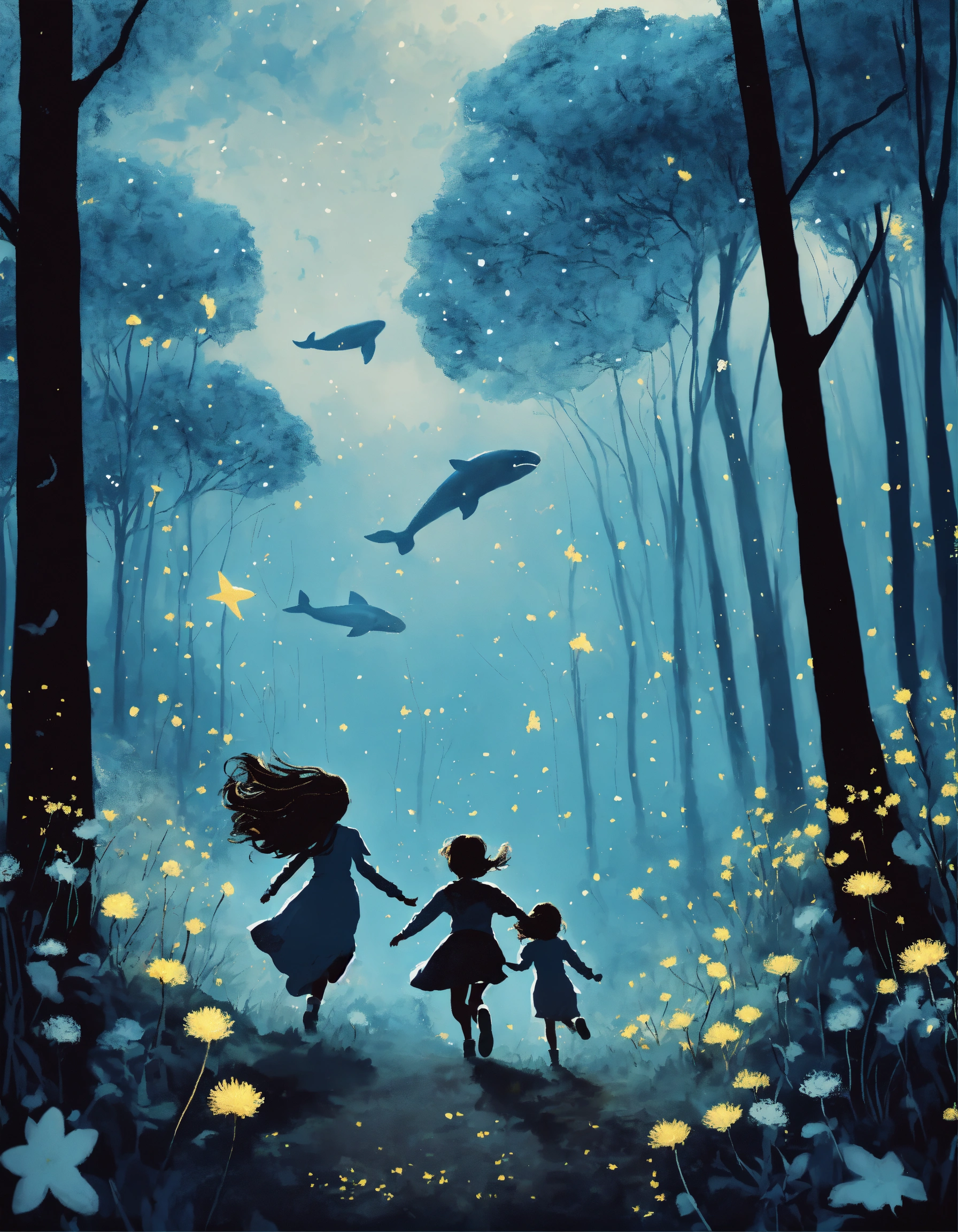 Lexica - Two little girls are running through a dark magical forest ...