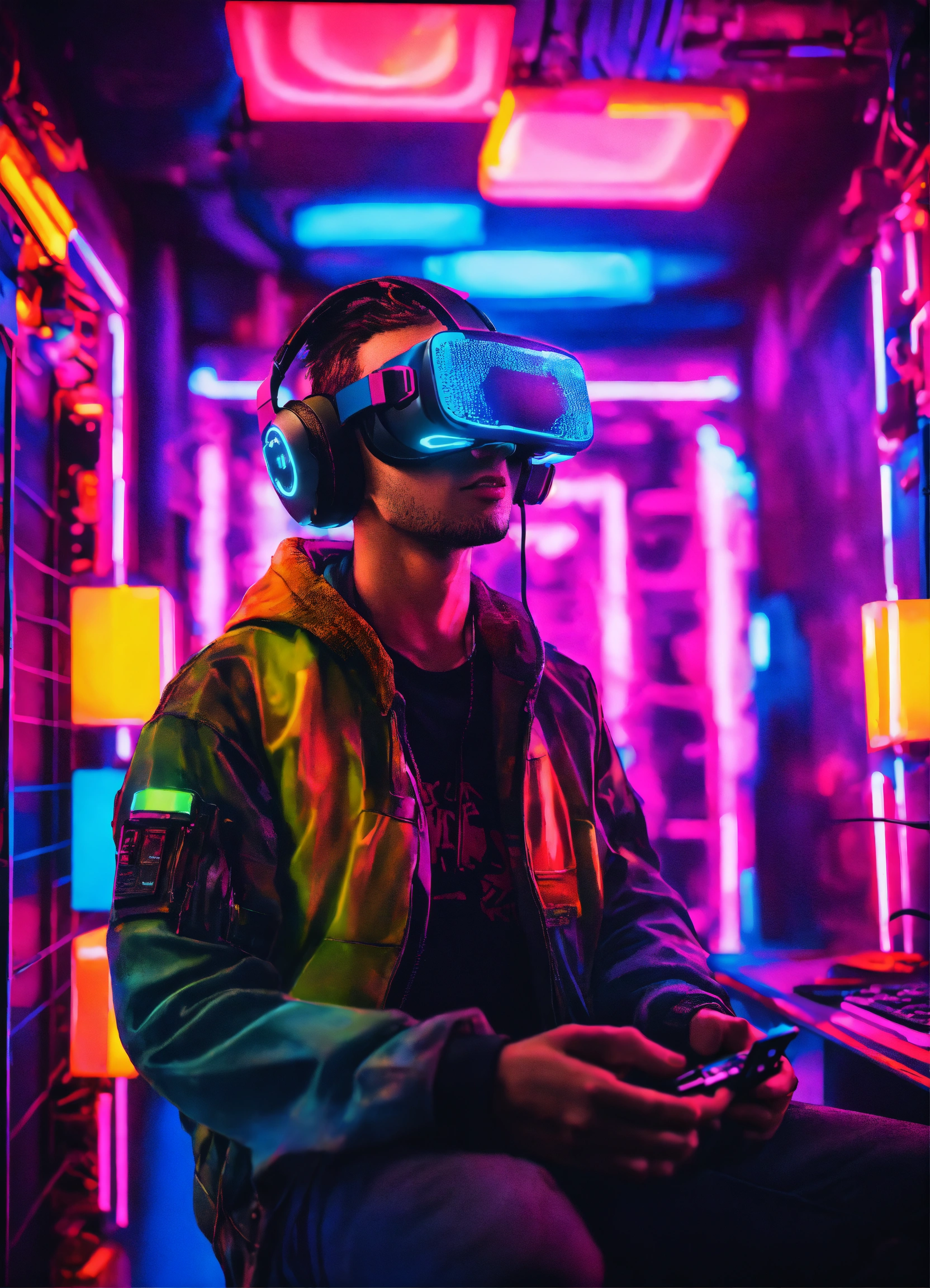 Lexica - A cyberpunk gamer wearing vr headset floating out of gaming ...