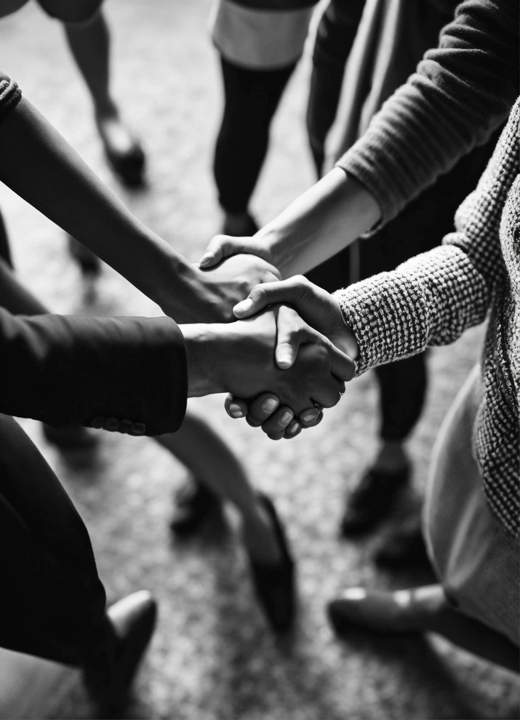 Lexica - Women shaking hands, team-work handshake, top down view, B&W ...