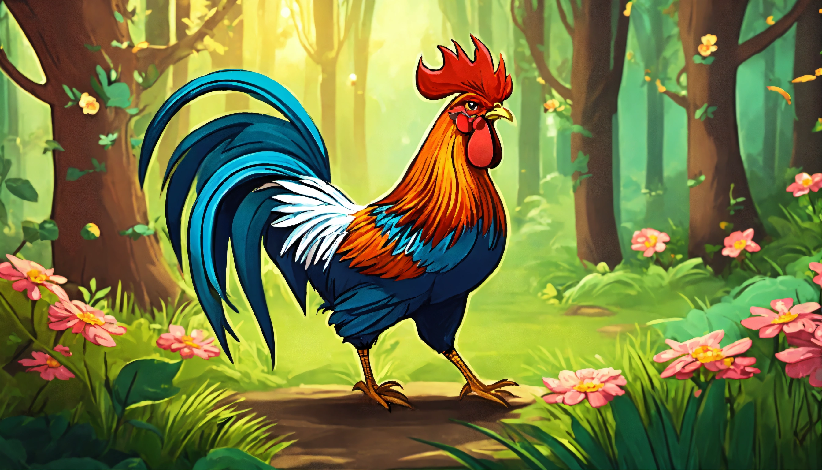 Lexica - Cartoon style fighting rooster in a magical spring forest