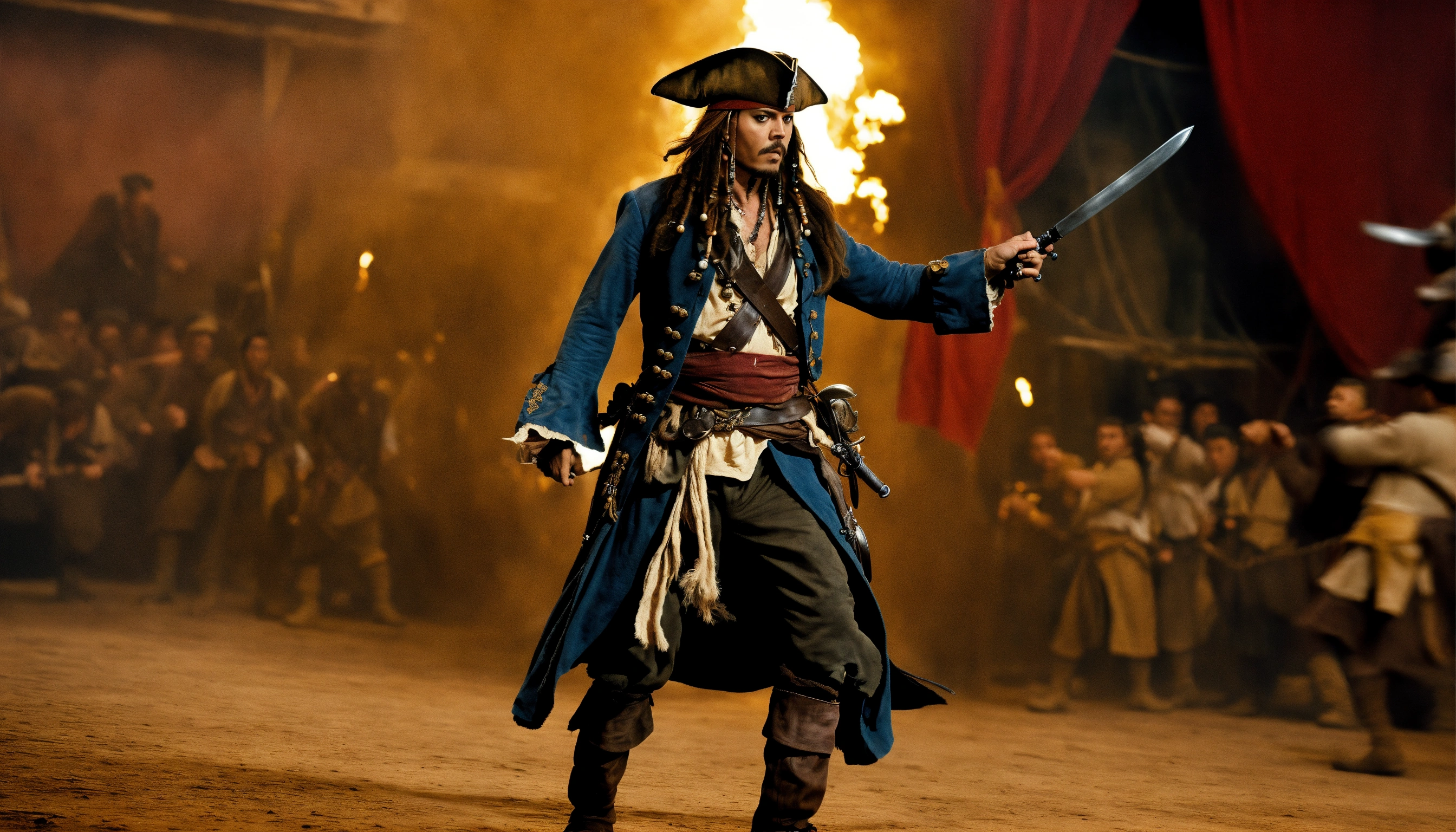 Lexica - Produce me an image of Jack Sparrow in fighting action, movie ...