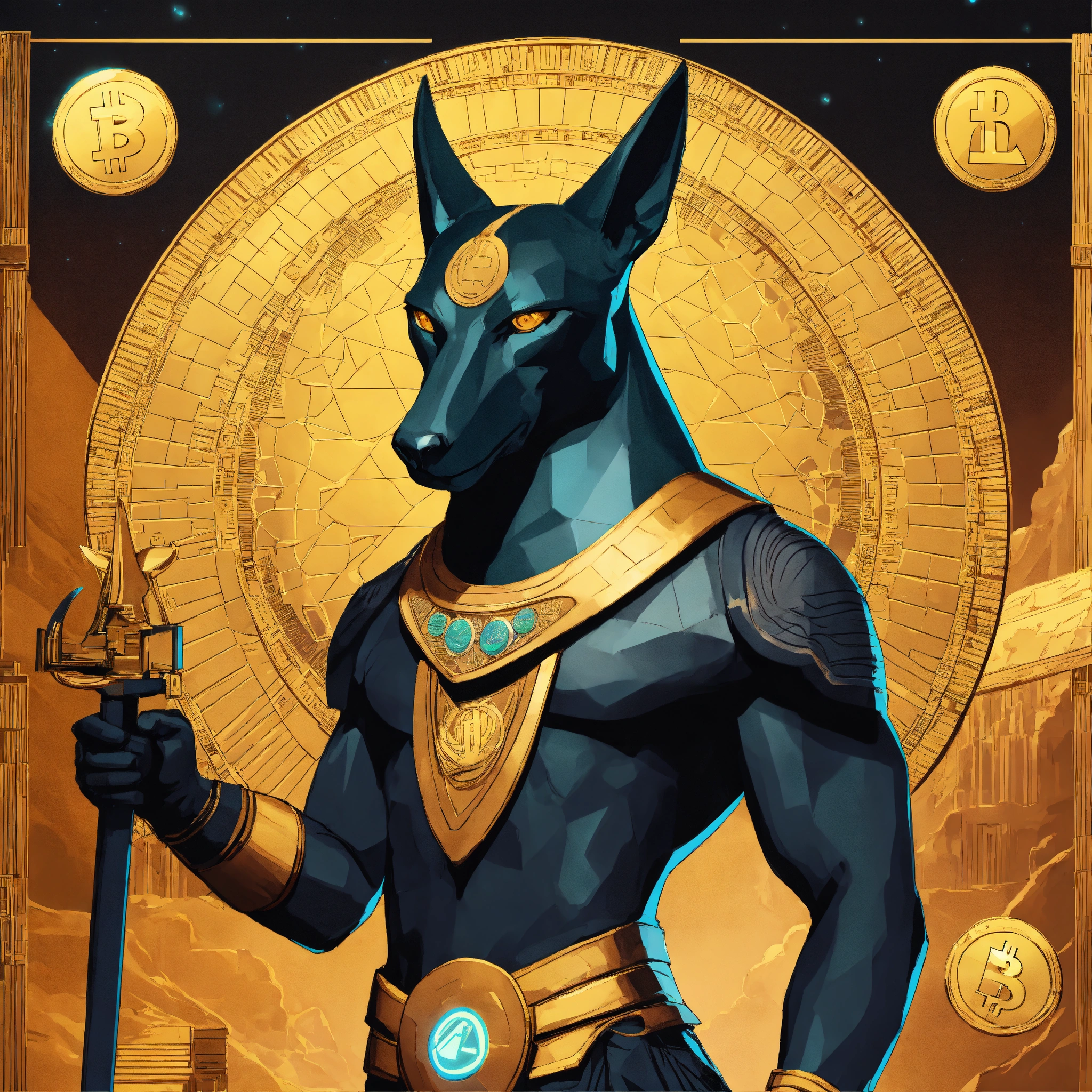 Lexica - Advertising poster of Anubis, surrounded by cryptocurrency