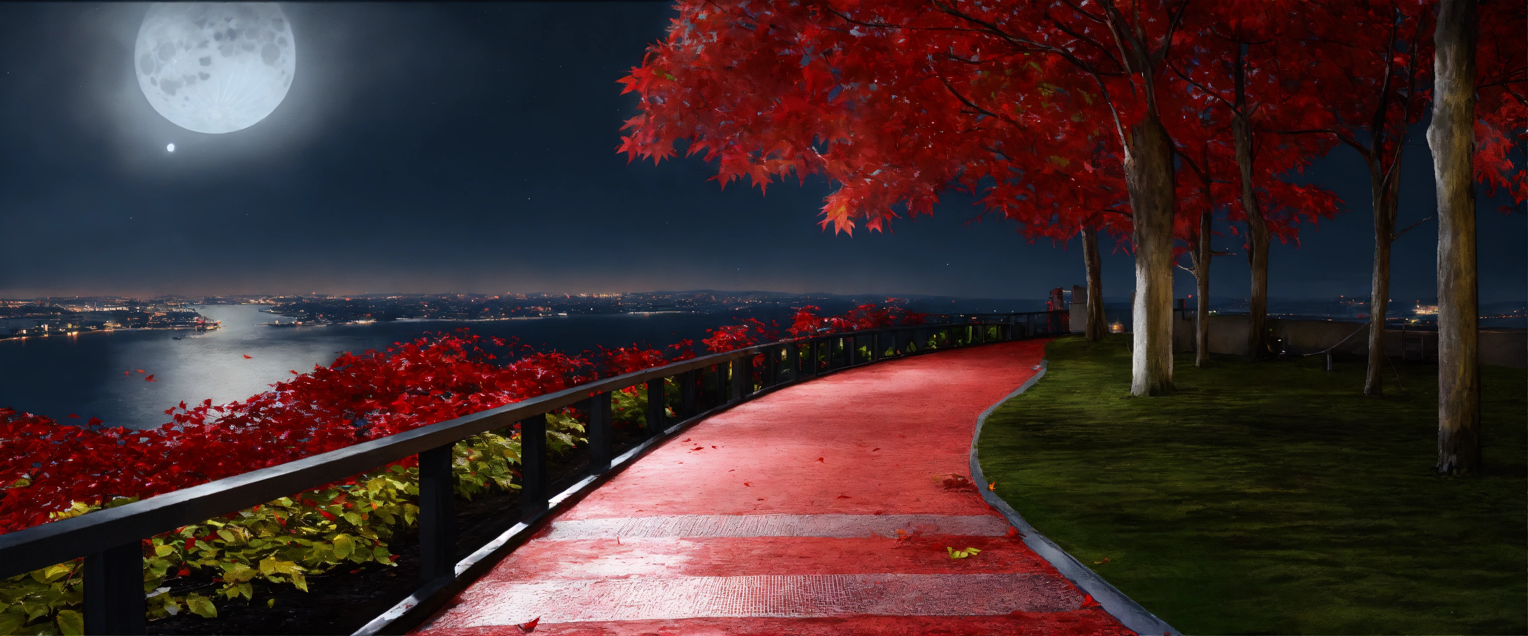 Lexica - Moon, red leaves, realistic,16k, hyper realistic, night, walkway