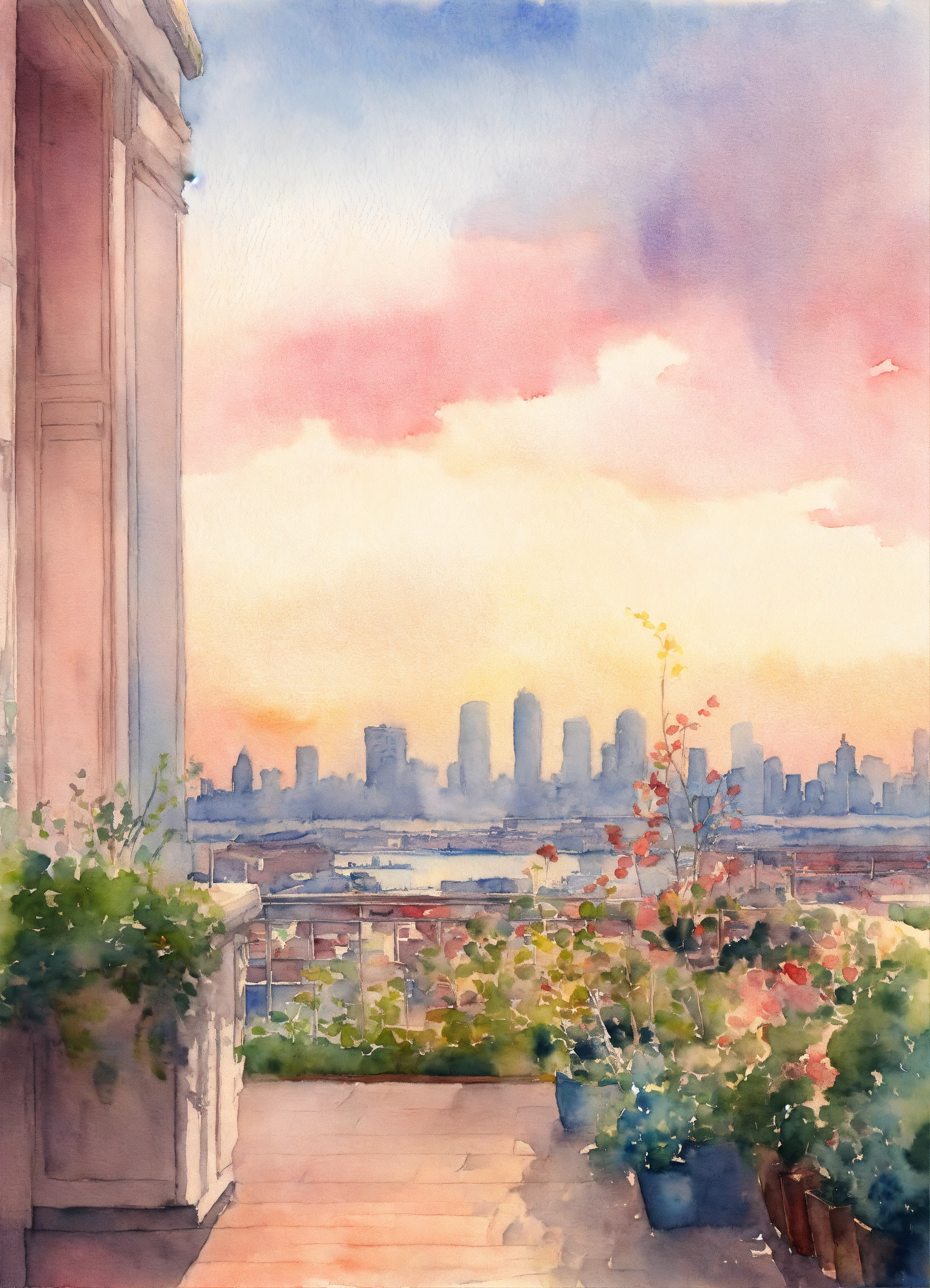 Lexica - Watercolour, back perspective, City Skyline, Garden, Ocean ...