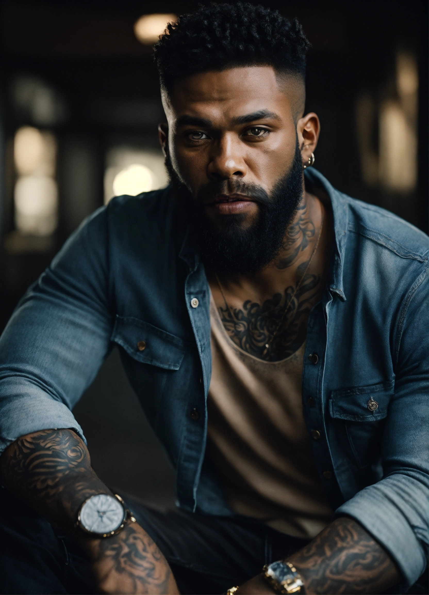 Lexica - Handsome black male werewolf, light eyes, beard, wearing jeans ...