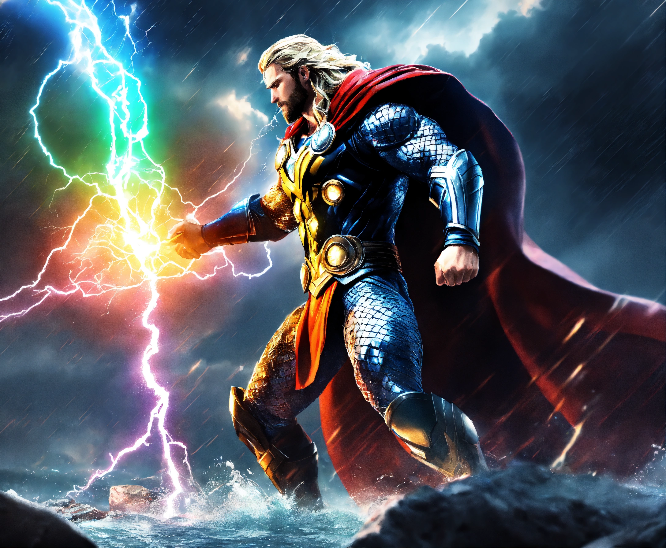 Lexica - Dark thor vs glowing superman god rainbow lightning water
