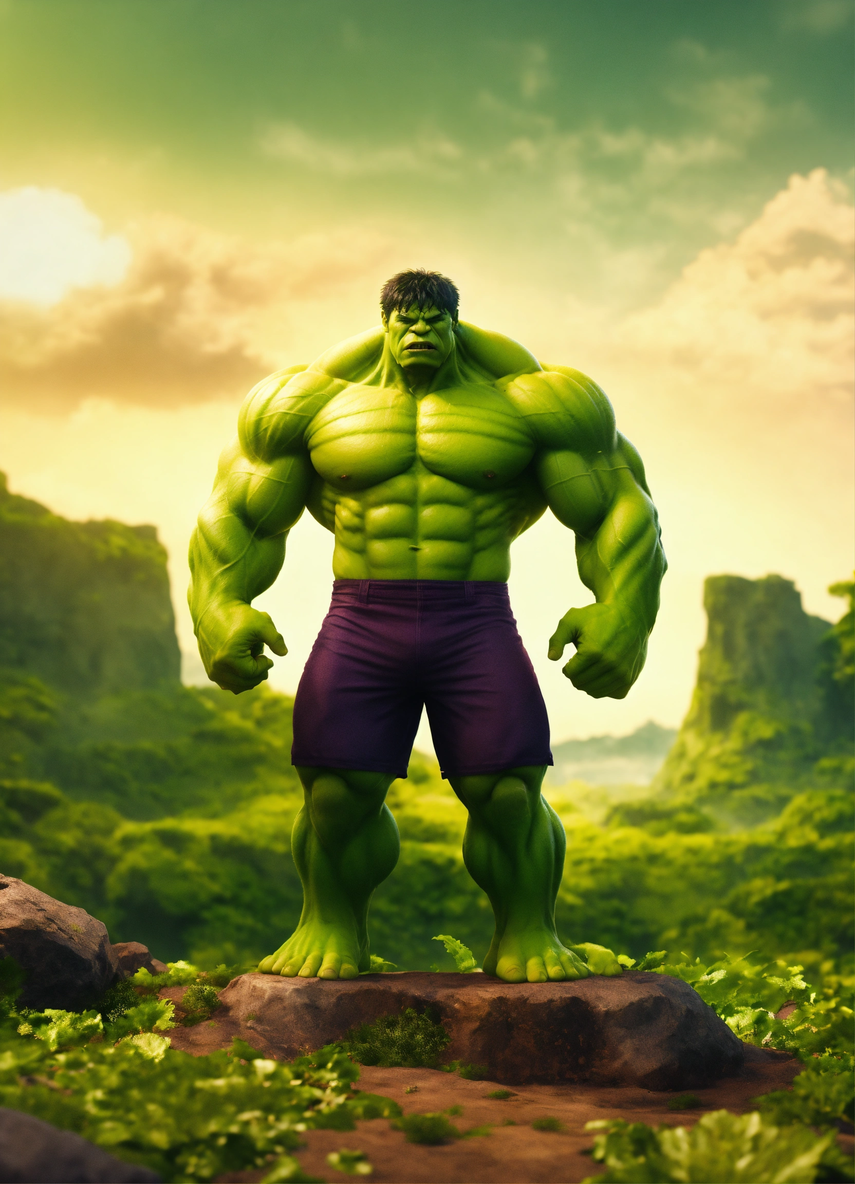 Lexica - 3 Hulk Standing Together, Nature Background, 2d Render