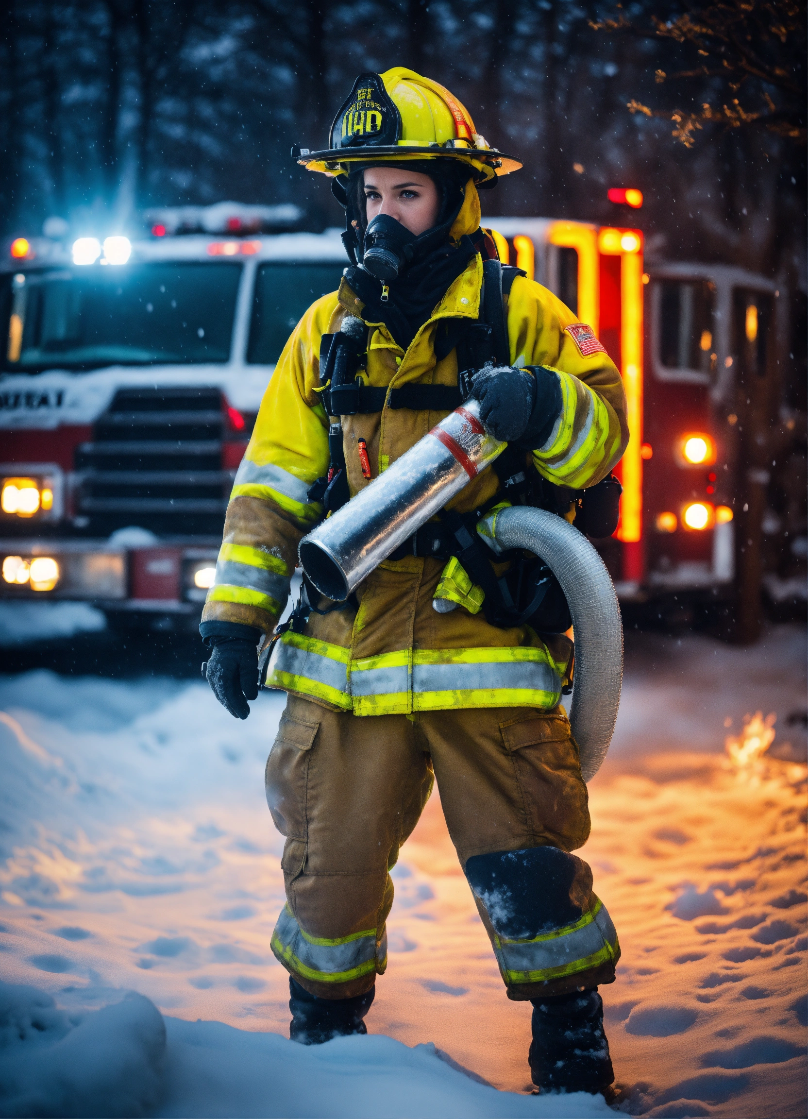 Lexica - A beautiful brunette firefighter, wearing winter camo ...