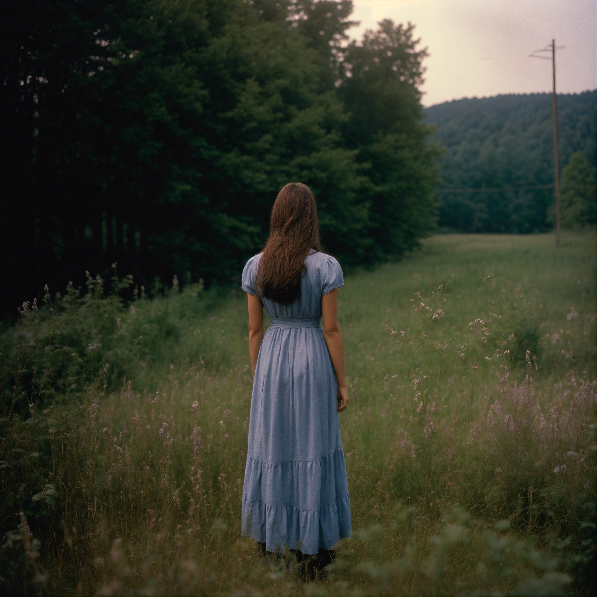 Lexica - A woman with long brown hair standing in a field, rear view ...