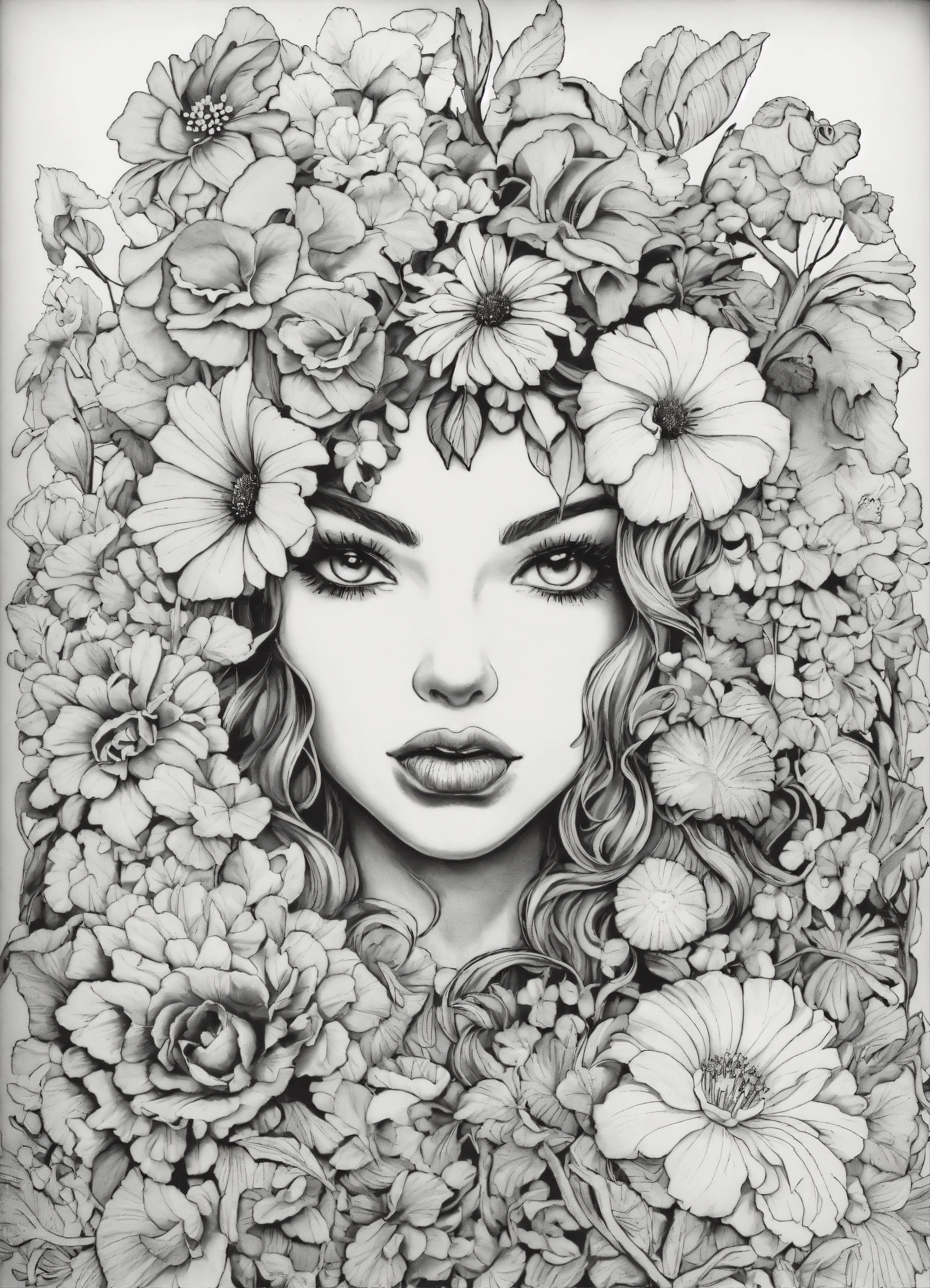 Lexica - Faces and flowers, by Ed Roth, black and white coloring book ...