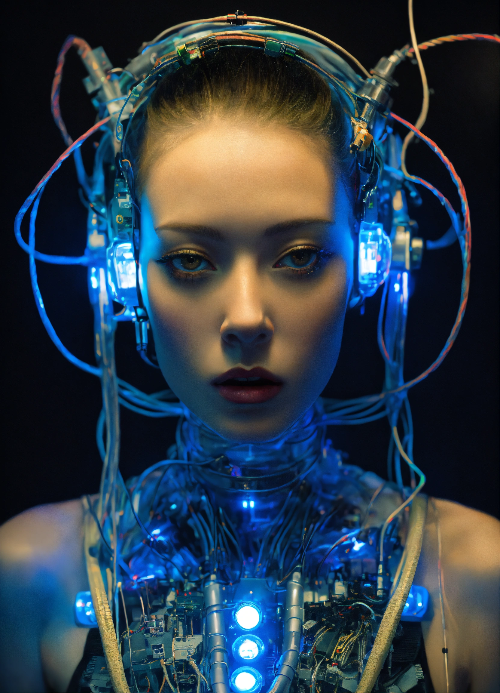 Lexica - Portrait Photography, in front of a black wall, a cyborg woman ...